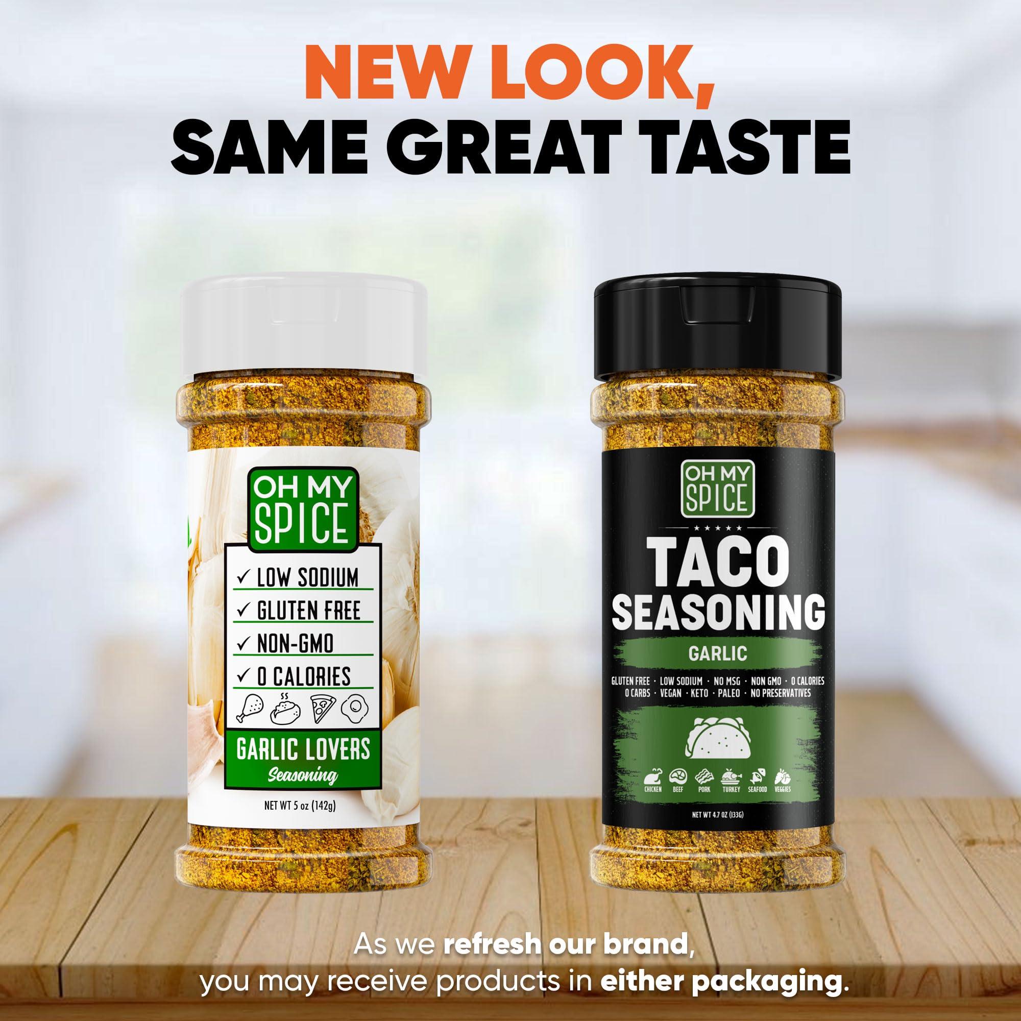 Oh My Spice Taco Seasoning Mix Garlic Powder - Gluten Free & Low Sodium Mexican Seasoning Blend for Taco Tuesday & Taco Night. Garlic and Herb Seasoning for Tacos & Fajita. Chicken & Fish Taco Toppings Mix. 4.7oz