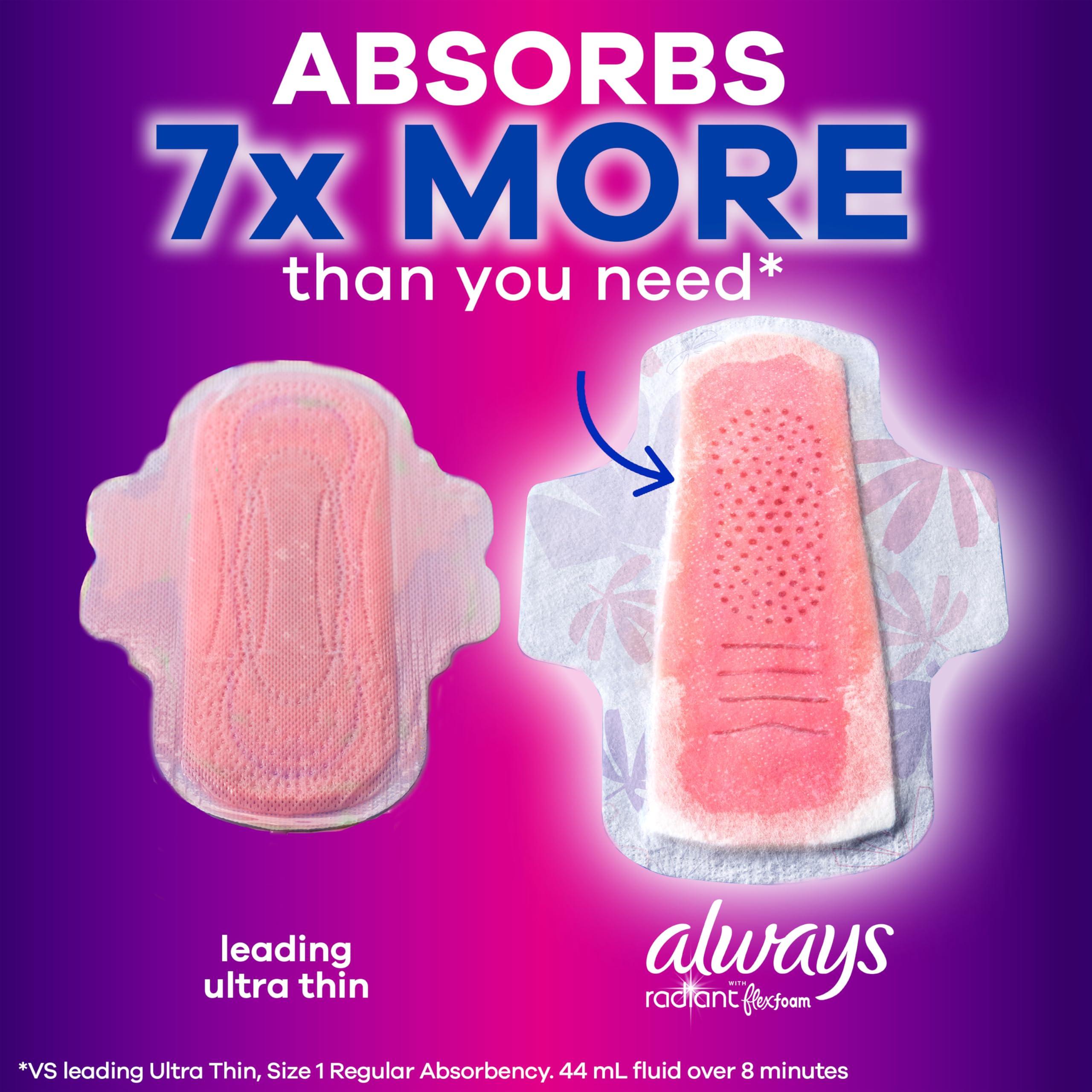 Always Always Radiant FlexFoam Pads for Women, Size 5, Extra Heavy Overnight Absorbency, 100% Leak & Odor Free Protection is Possible, with Wings, Scented, 26 Count