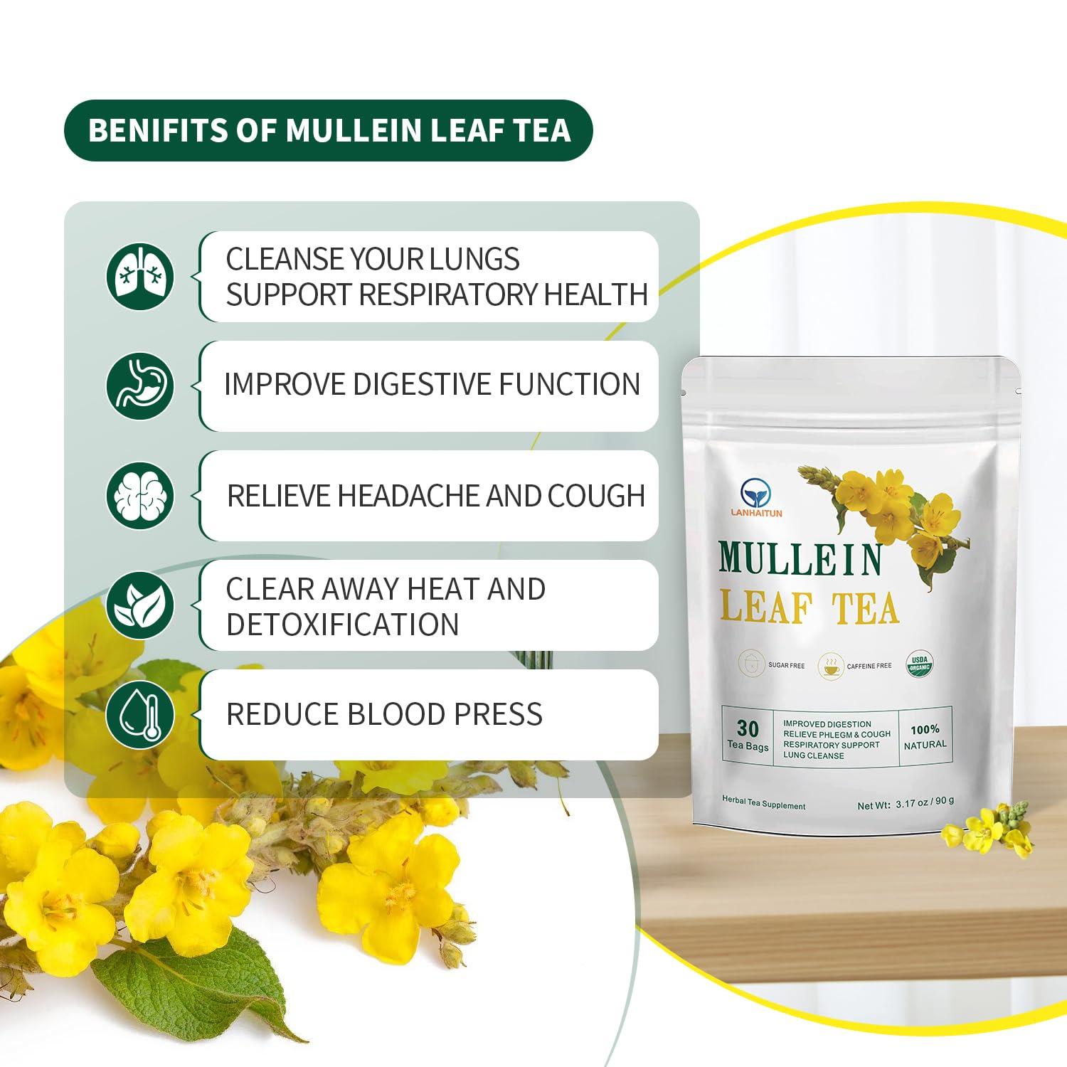 LANHAITUN Mullein Leaf Tea Organic Mullein Tea Bags for Lung Cleanse Organic Mullein Herbal Tea for Respiratory Support,Mullein Organic Herbal Tea,100% Natural,Caffeine Free,30 Tea Bags