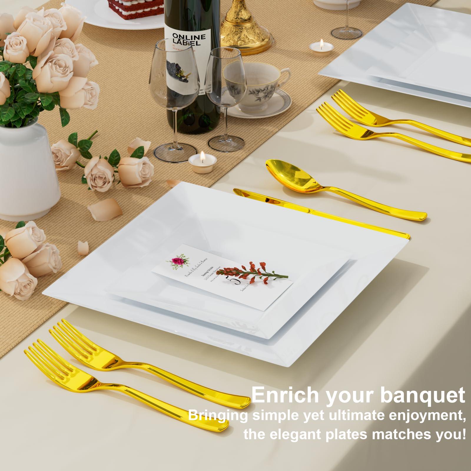 Goodluck Goodluck 100 Pack Disposable Square Plastic Plates, Heavy Duty 50pcs Dinner Plates 9.5\" and 50pcs Dessert Plates 6.5\", Fancy Disposable Plates for Wedding, Holiday Party, Birthday, White