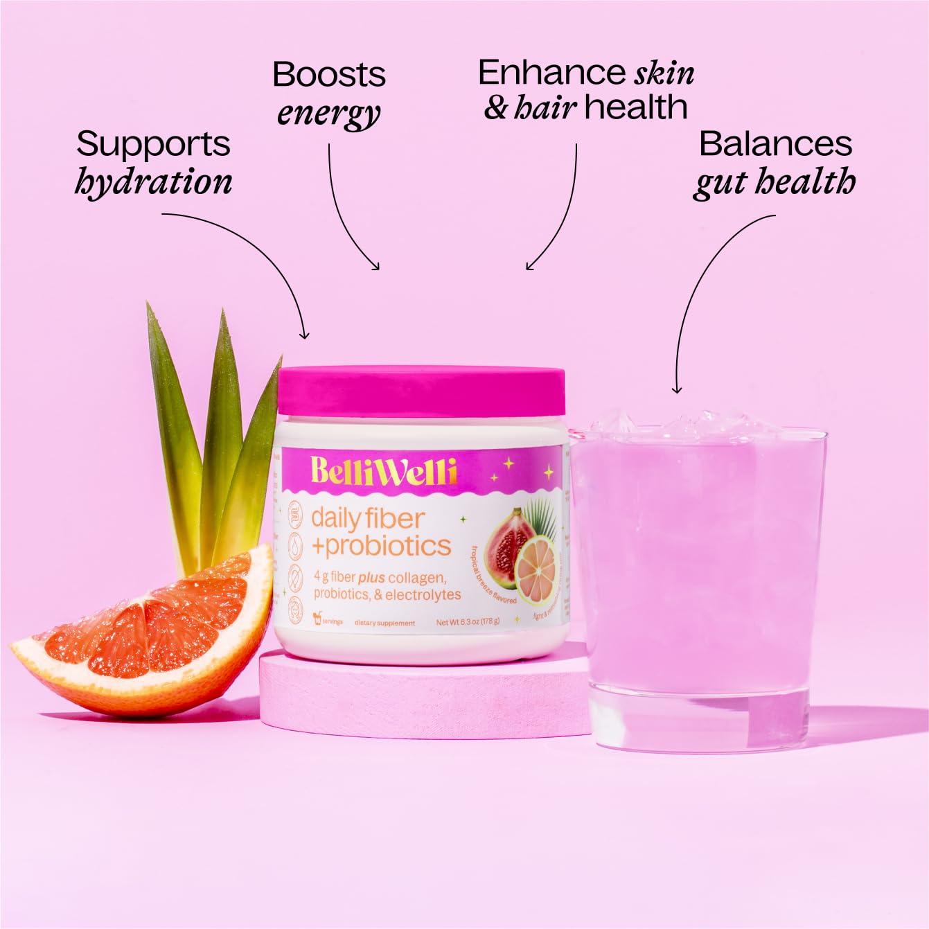 Belli Welli BelliWelli Daily Fiber Supplement Powder with Collagen, Probiotics & Electrolytes | Supports Digestive Health, Gut Balance & Debloating | Tropical Breeze | 16 Servings