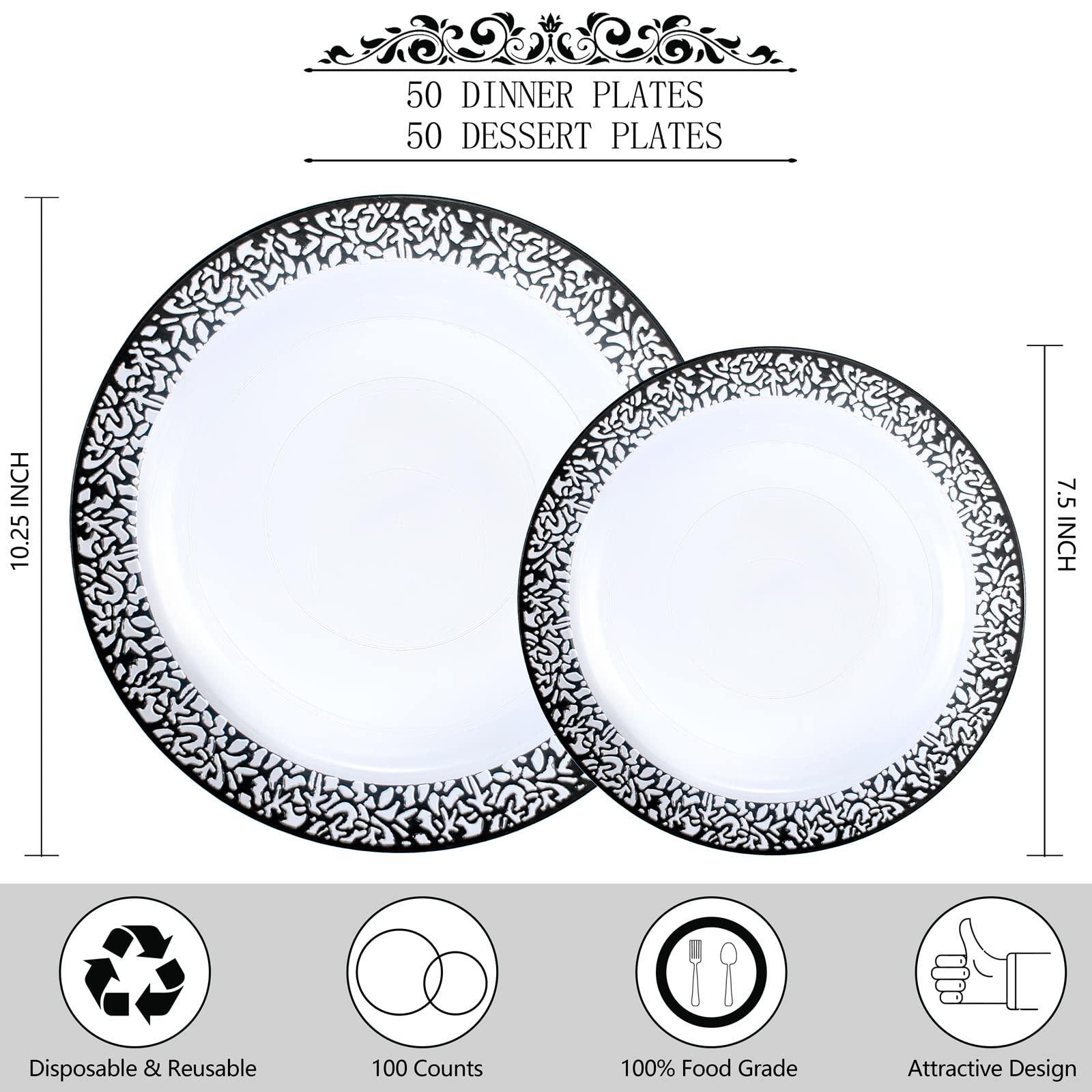 U-QE U-QE 100pcs Clear and Black Plastic Plates - Black Plates Disposable for Party - Black Disposable Plates for Premium Party Supplies Including 50 Dinner Plates 10.25 \'\' &50 Dessert Plates 7.5 \'\'