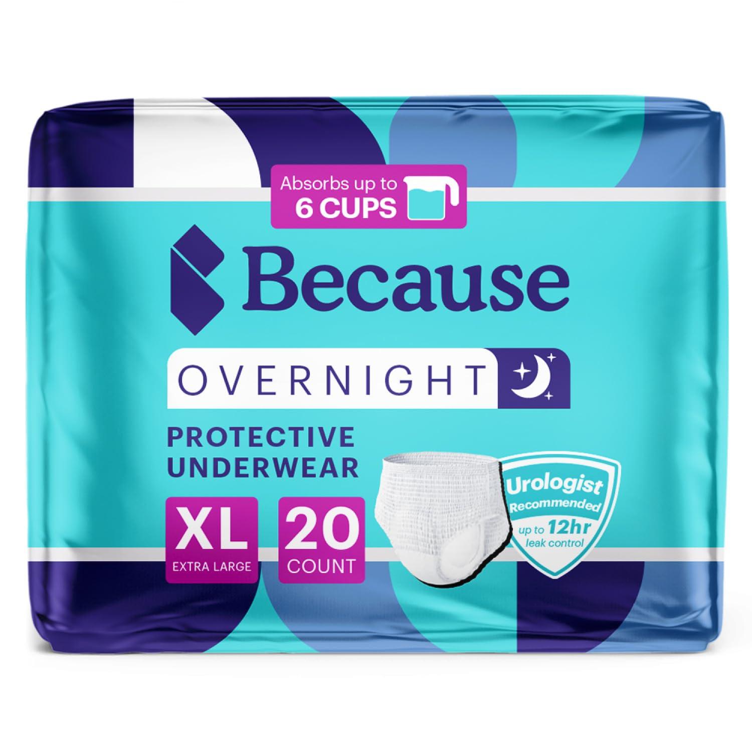 Because Because Overnight Absorbency Pull Ups - Adult Disposable Incontinence Underwear, Extra Absorbent Nighttime Pull Ups for Men and Women, White, XLarge, 20 Count