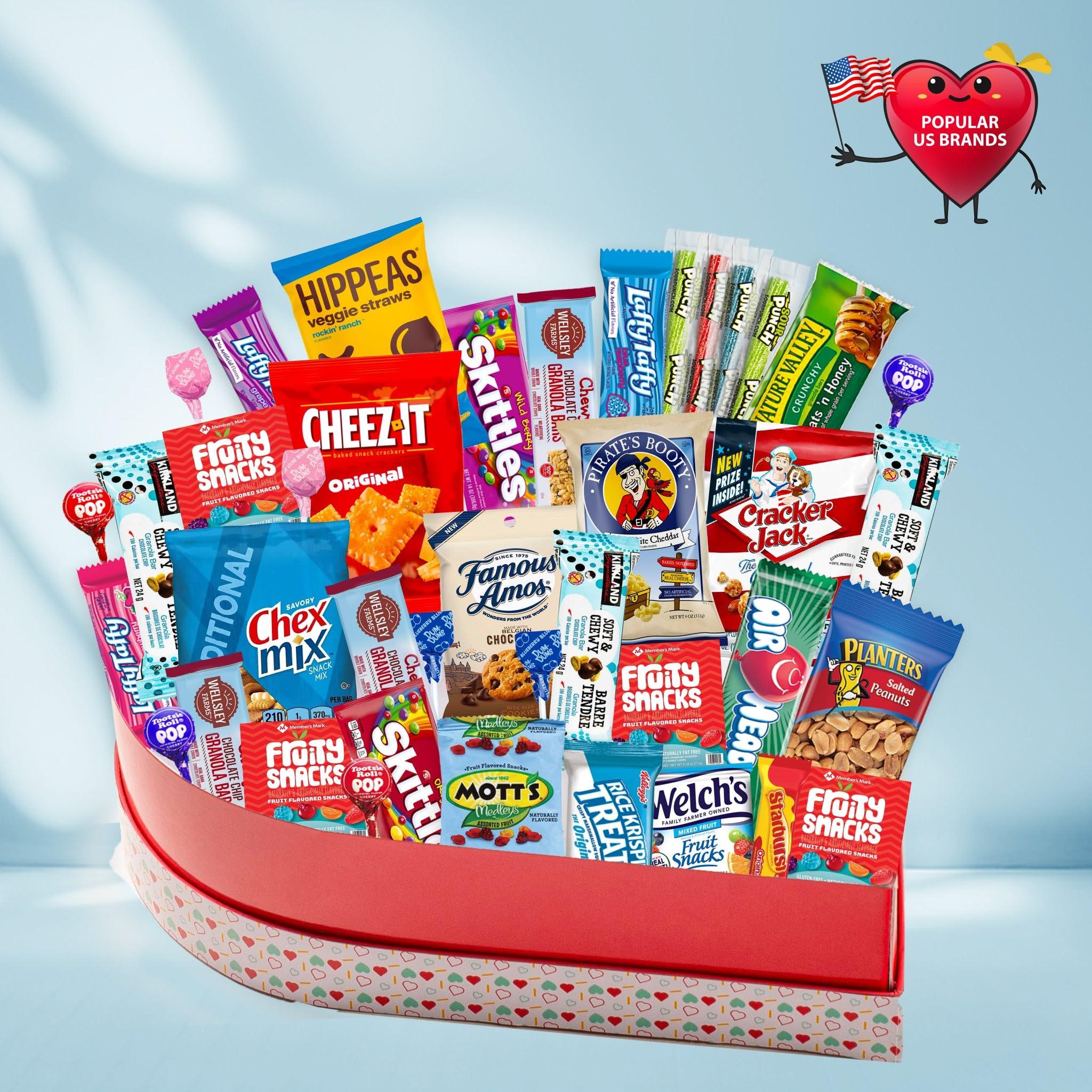 Nut Cravings Gift A Snack - Heart Shape Snack Box Variety Pack Care Package + Greeting Card (40 Count) Birthday Sweet Treats Gift Basket, Candies Chips -