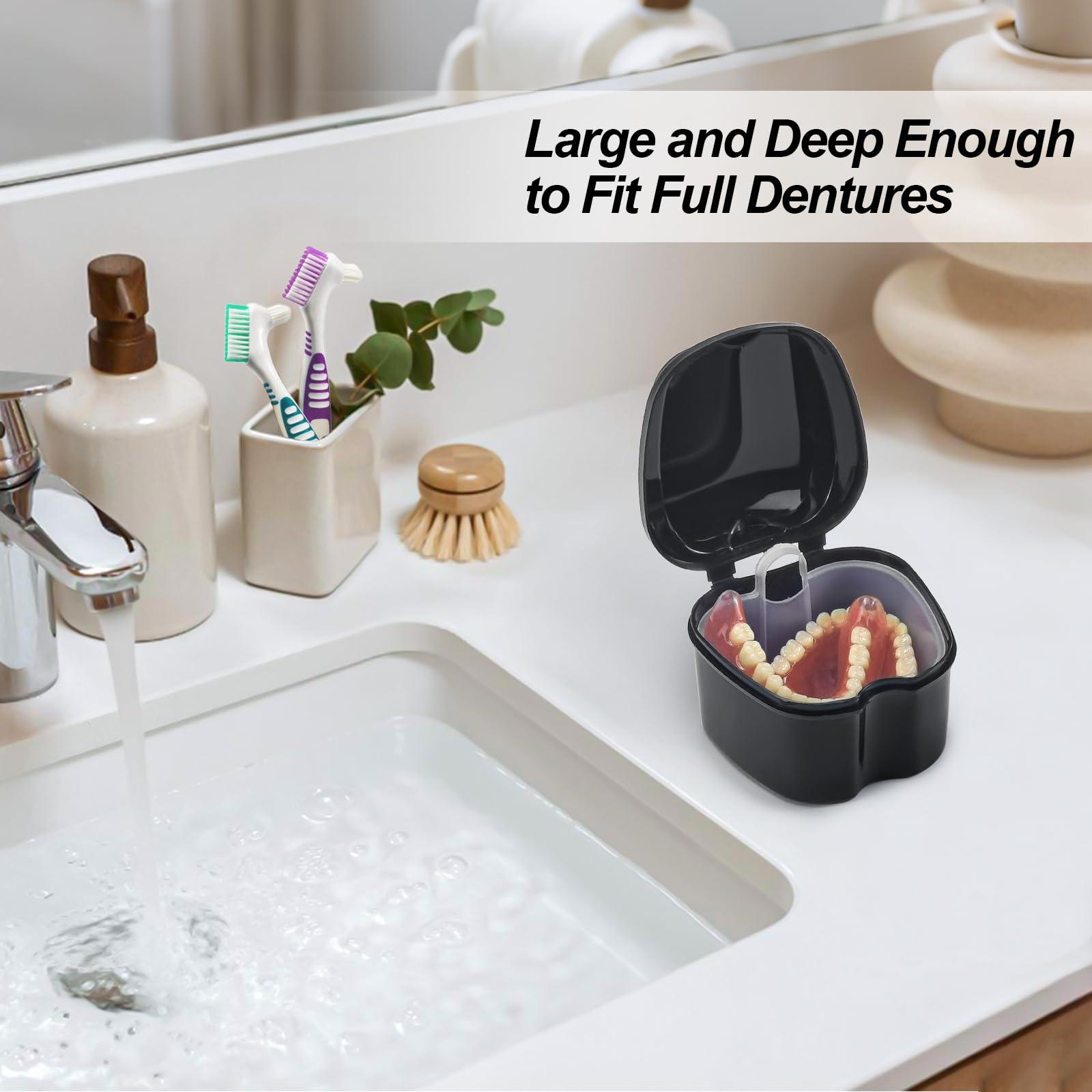 EZEELAI Denture Bath Case Retainer Cleaner Case with Strainer Basket, Denture Cup Dental Retainer Holder Case for Soaking Mouthguard Cleaning Storage Box Case - Black and White