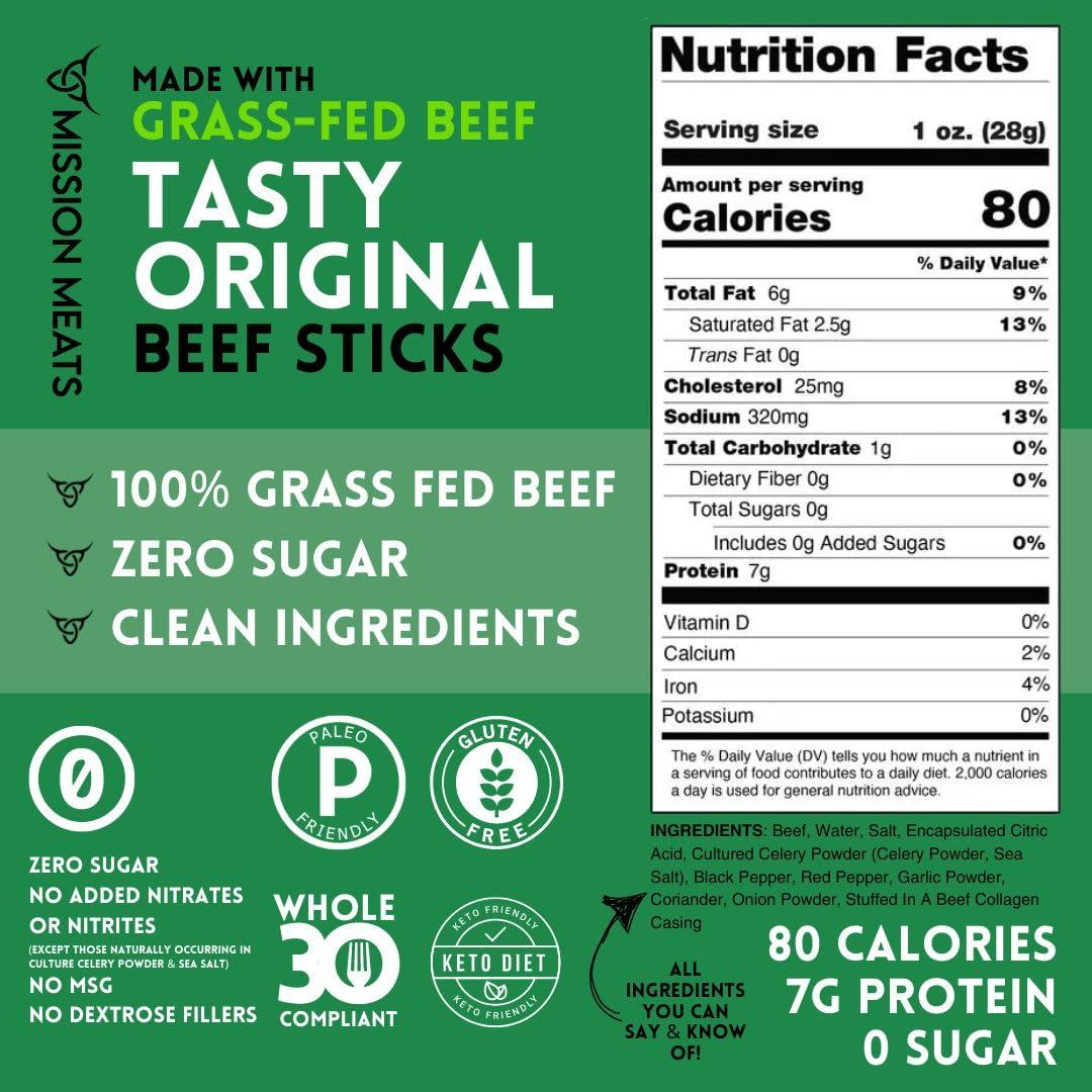 EST. 2015 MISSION MEATS Mission Meats Beef Sticks 100% Grass Fed & Pasture Raised, Zero Sugar, Gluten Free, Meat Sticks Individually Wrapped, Healthy Snacks, Whole 30 & Paleo Friendly, Original 1oz (Pack of 48)