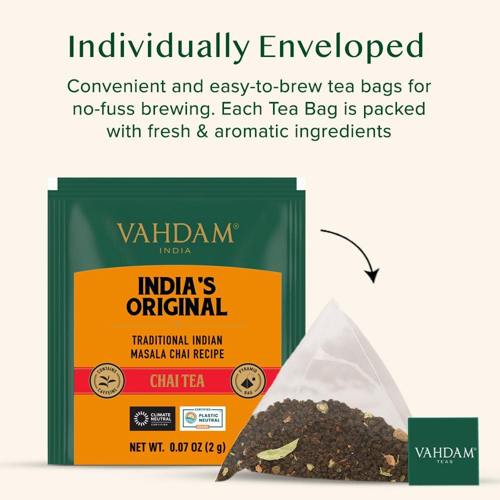 VAHDAM VAHDAM, India\'s Original Masala Chai Tea Bags (15 Count) Non GMO, Gluten Free, No Added Flavoring | Blended w/Savory Exotic Spices | Individually Wrapped Pyramid Tea Bags | Direct from Source