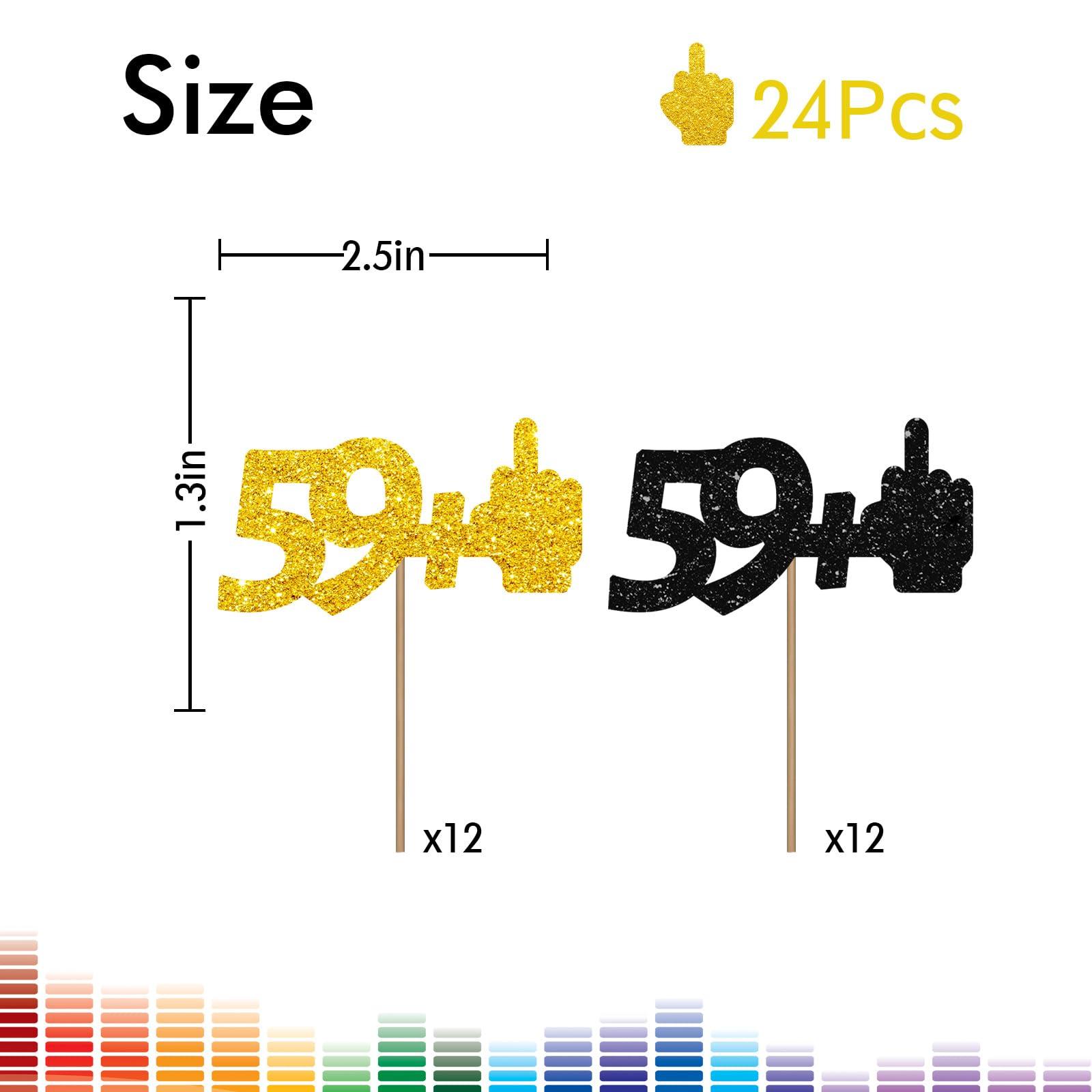 MINUET MINUTE 59+1 Cupcake Toppers, Middle Finger Happy 60th Birthday Cupcake Toppers, Happy 60th Anniversary Dessert Picks,Funny Cheers To 60 Years Old Birthday Party Decoration - Black & Gold Glitter