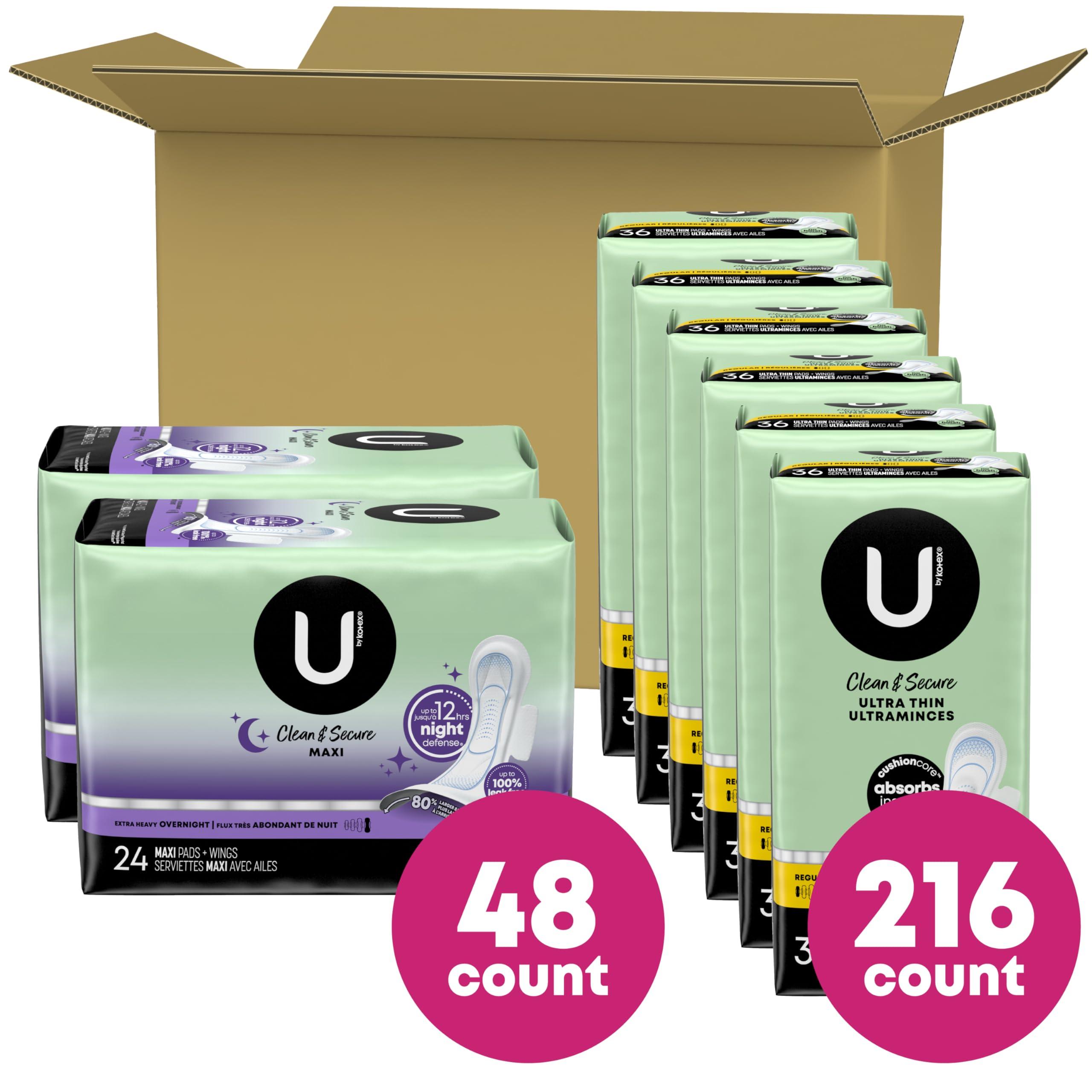 U by Kotex U by Kotex Clean & Secure Day/Night Bundle: Ultra Thin Pads with Wings, Regular Absorbency, 216 Count & Overnight Maxi Pads with Wings, Extra Heavy Absorbency, 48 Count (Packaging May Vary)