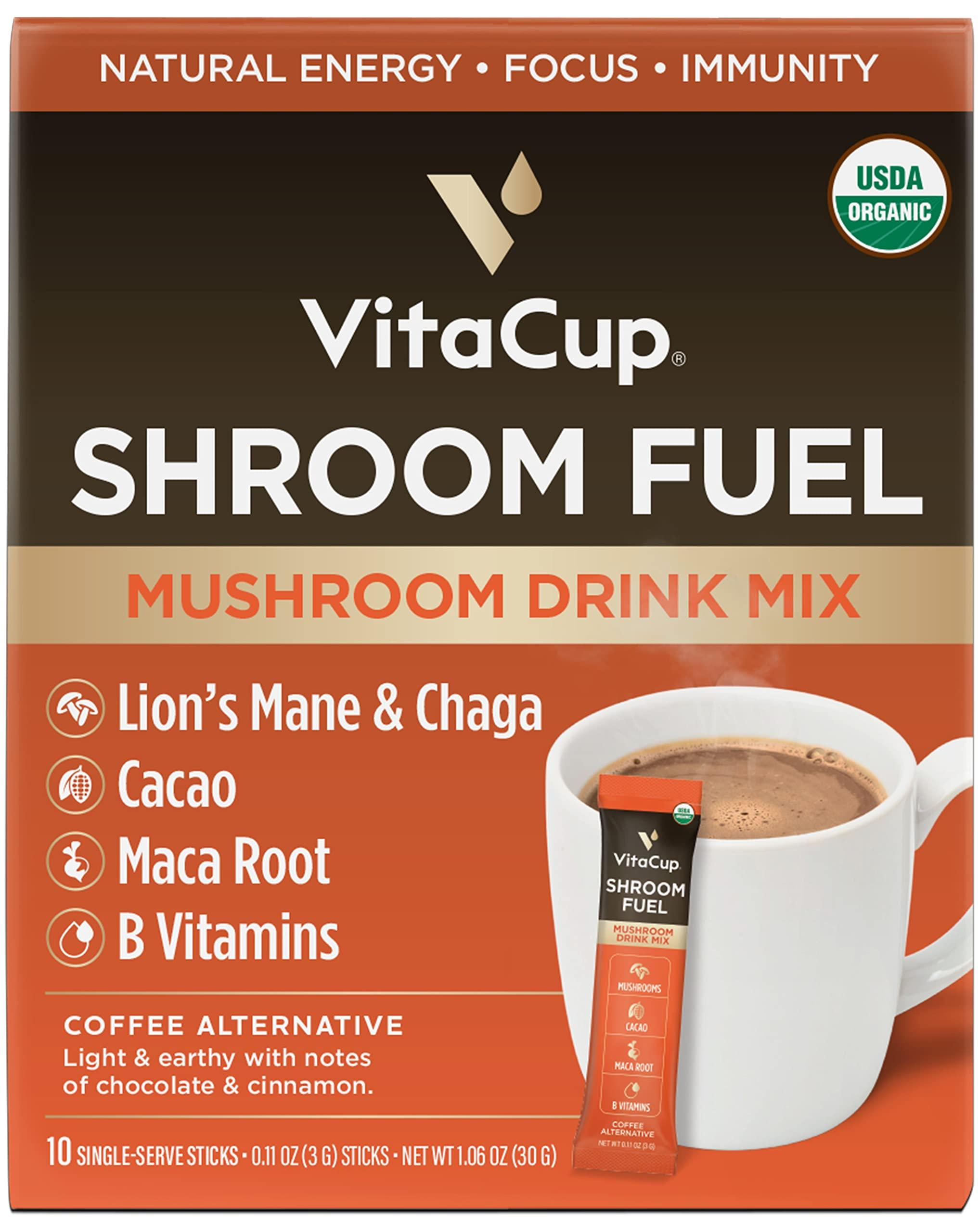 VitaCup VitaCup Shroom Fuel, Mushroom Based Instant Coffee Alternative Packets, Mushroom Coffee Substitute w/Cacao, Cinnamon, Chaga, Lions Mane, & Maca for Energy, Immune Support, & Focus, 10 ct