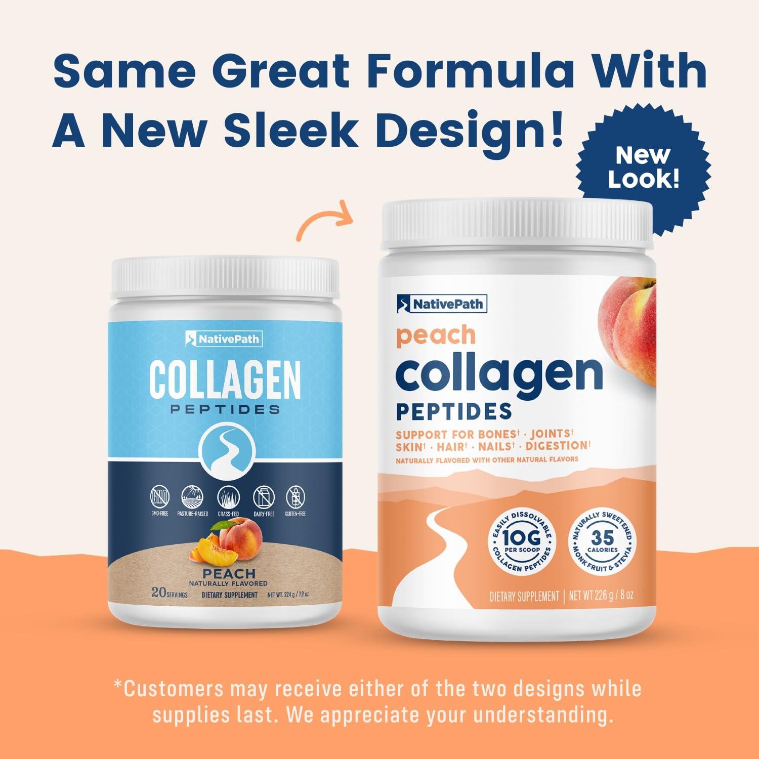 NativePath NativePath Collagen Peptides - Hydrolyzed Type 1 & 3 Collagen. Keto & Paleo Grass-Fed Protein Powder for Hair, Skin, Nails, Bones, Joints, Digestion and More - No Gluten or Dairy (Peach, 226g)