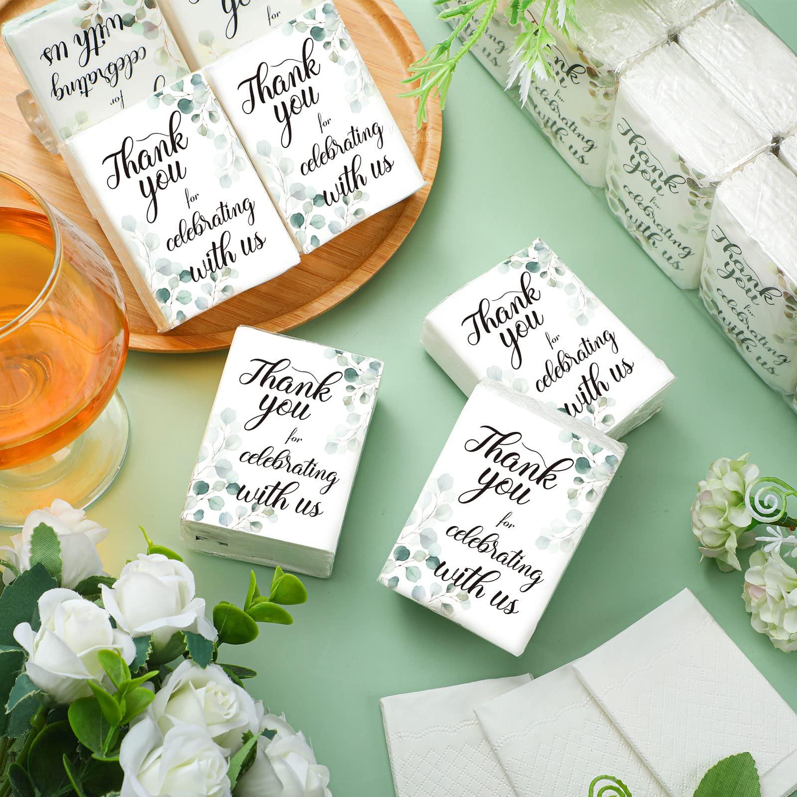 Sinmoe 100 Pack Wedding Bulk Travel Pocket Tissue Thank You Mini Facial Tissue Greenery Eucalyptus Tissue 3 Ply Tissue for Celebrating with Us Guest Tissue for Wedding, Bridal Shower, Graduation