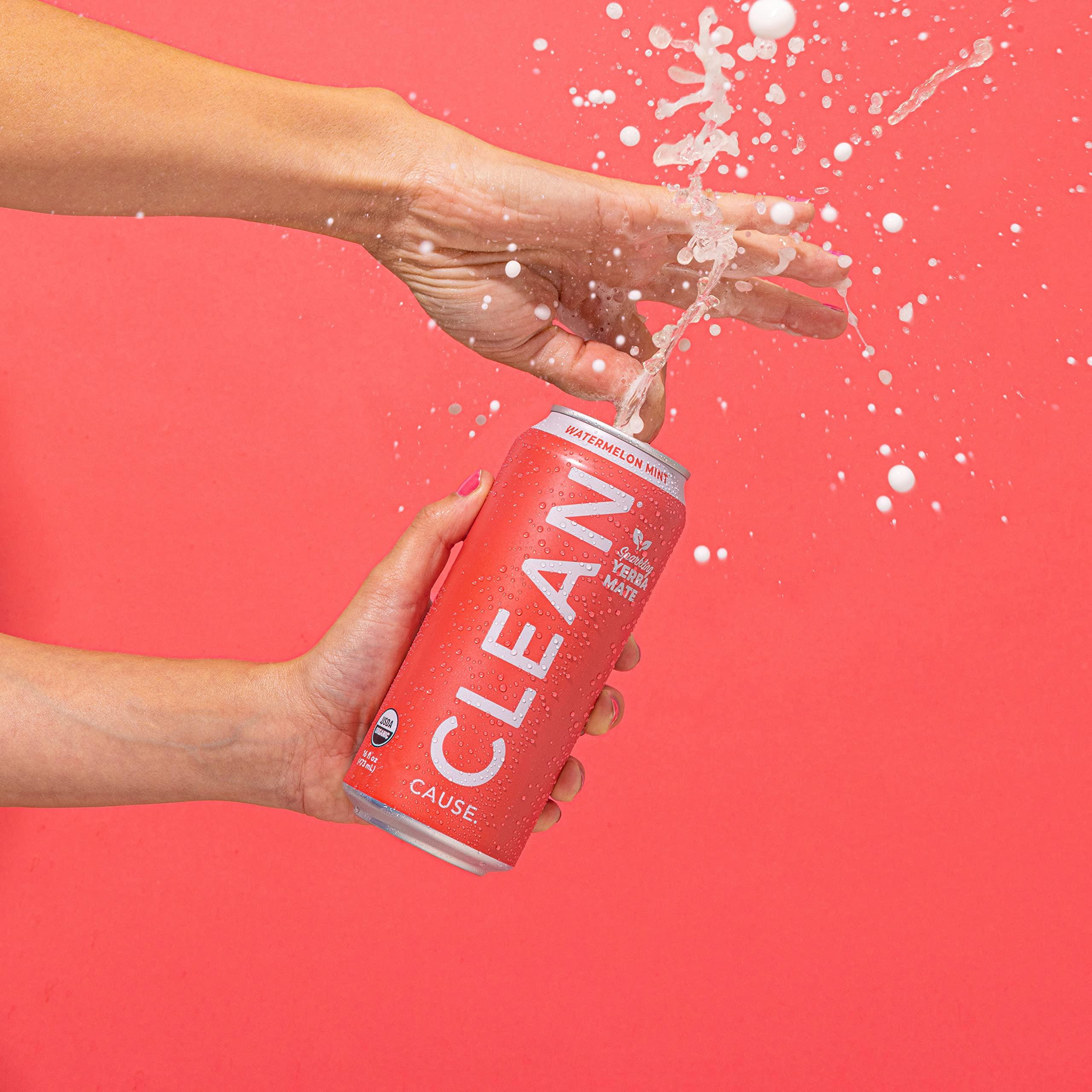 CLEAN CAUSE. CLEAN Cause Low Calorie Watermelon Mint Sparkling Yerba Mate Tea, 160mg Caffeine, Organic, Low Sugar, Healthy Alternative to Energy Drinks (16oz cans, 12-Pack Case)