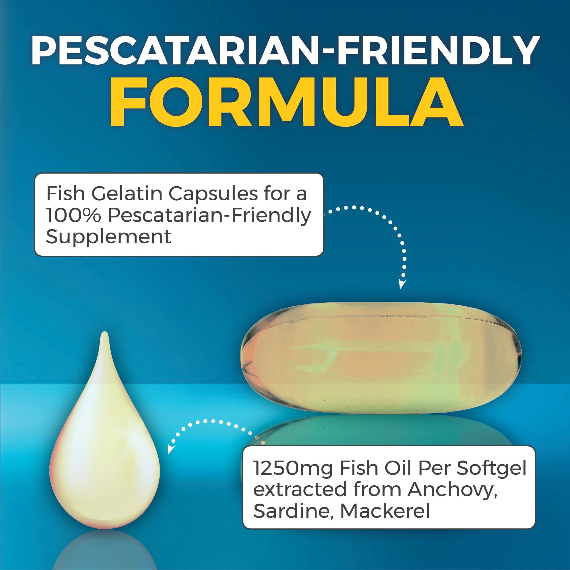 Viva Naturals Triple Strength Omega 3 Fish Oil Supplement for Men and Women 2500 mg High-Potency, Easy-to-Absorb Re-esterified Triglyceride Form, Pescatarian-Friendly DPA EPA DHA Omega 3 Supplement, 180 Softgels