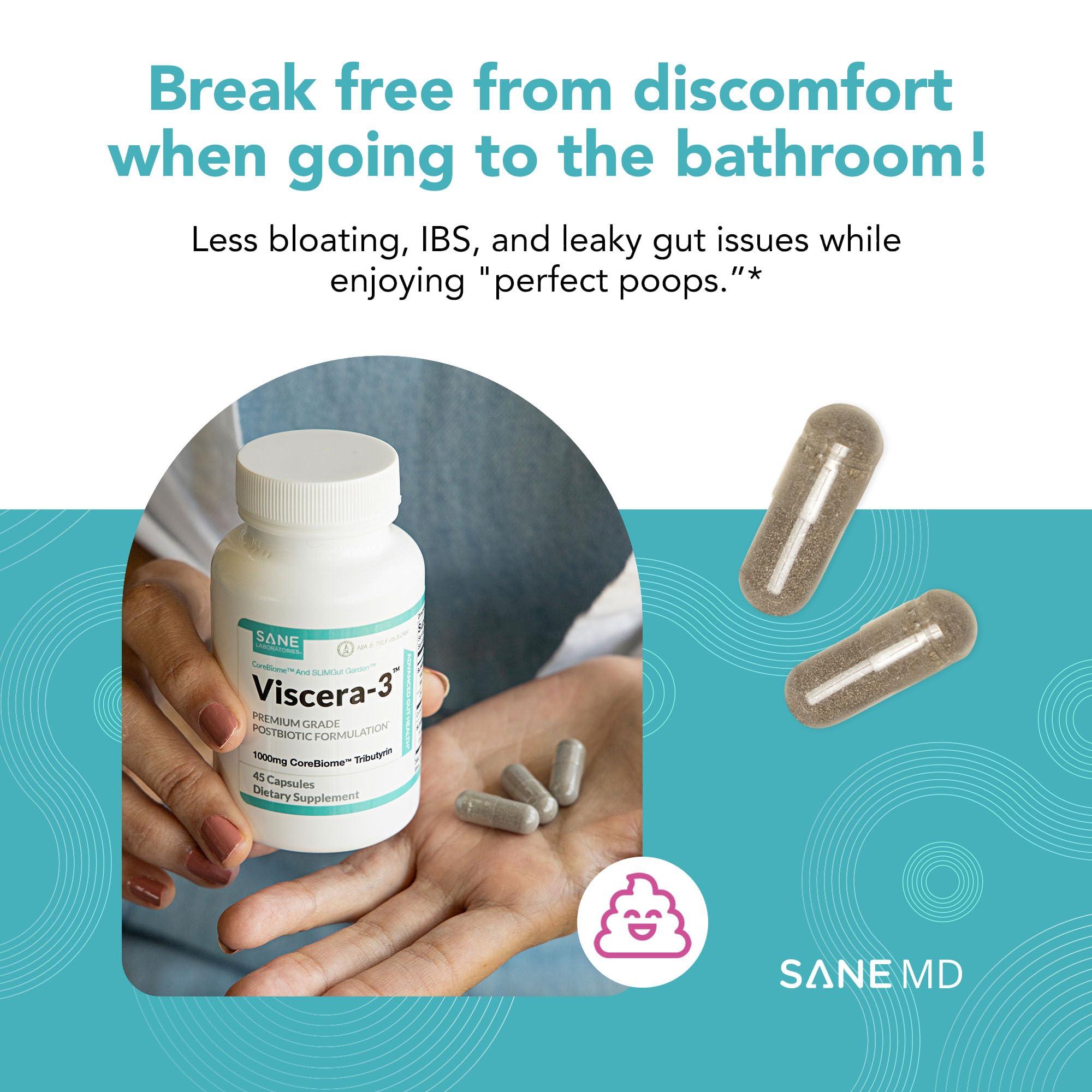 SANE SANE MD - Viscera 3 Postbiotics with Tributyrin - Sodium Butyrate Supplement for Gas and Bloating Relief - Gut Health - IBS & Leaky Gut Butyric Acid Supplement - NSF Certified - 30 Capsules