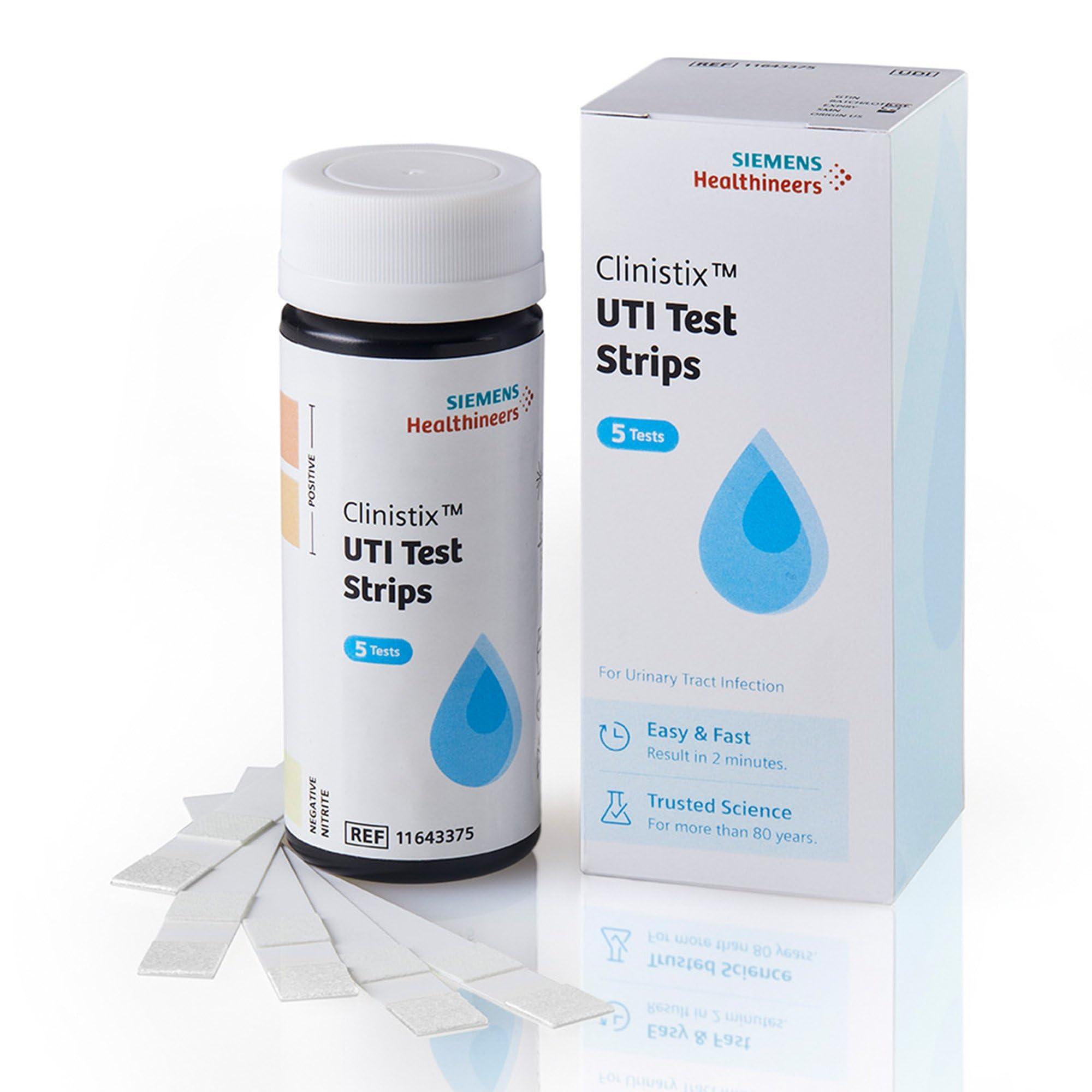 SIEMENS Clinistix UTI Urine Test Strips - Easy-to-Use At-Home Urinary Tract Infection Dipstick Testing for Nitrite and Leukocytes, 2-Minute Results, 5 Tests, 24 Count