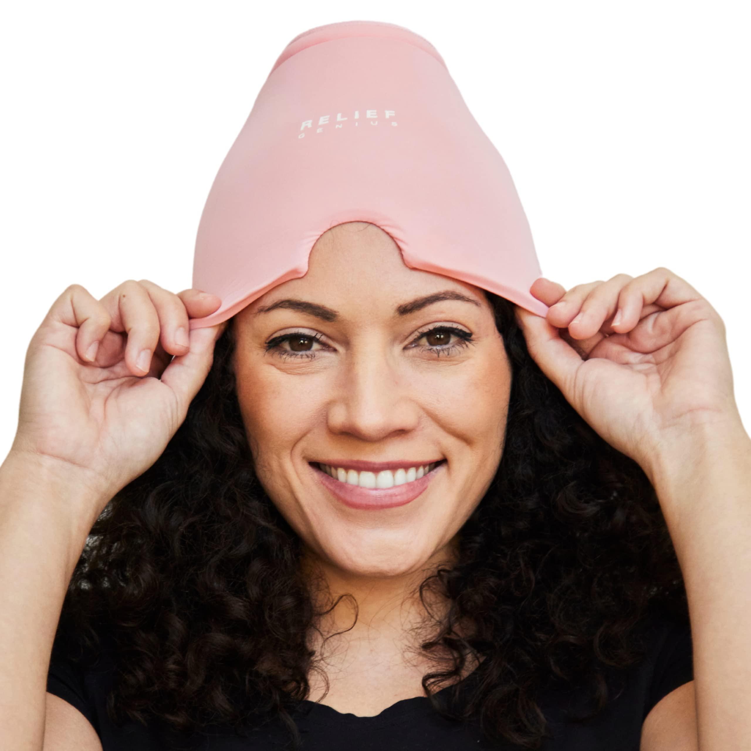 Relief Genius Relief Genius Migraine ice Head Cap - Headache Relief with Hot/Cold Gel Head Ice Pack with Face and Eye Headache Mask Compress (Pink)