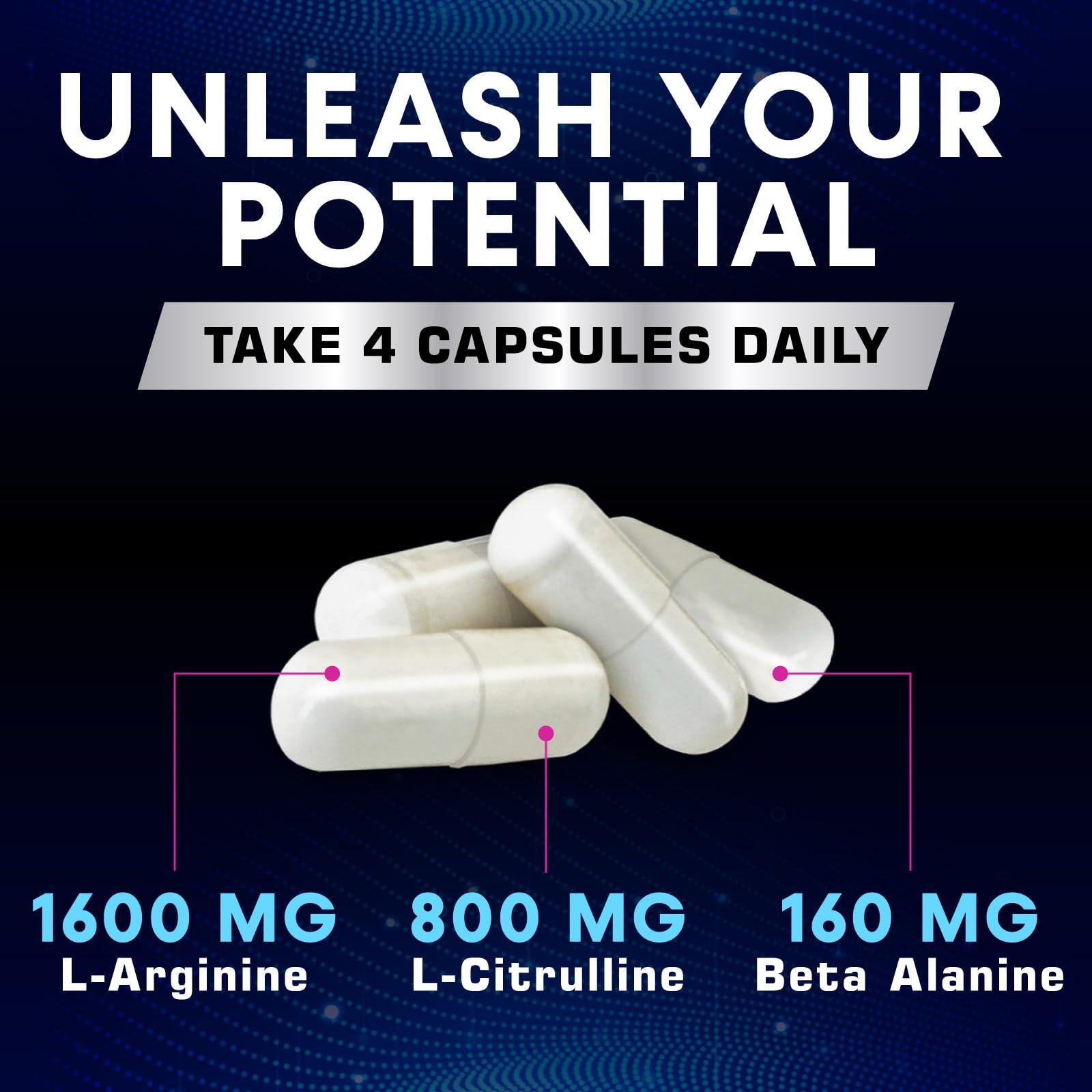 Health Nutrition Naturals Extra Strength Nitric Oxide Supplement L Arginine 3X Strength - Citrulline Malate, AAKG, Beta Alanine - Premium Muscle Supporting Nitric Booster for Energy & Strength to Train Harder - 180 Capsules