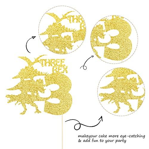 ZHUOWEISM 1 PCS Three Rex Birthday Cake Topper with Glitter Dinosaur 3rd Birthday Cake Pick Baby Shower 3rd Birthday Dinosaur Theme Party Decorations Supplies Gold