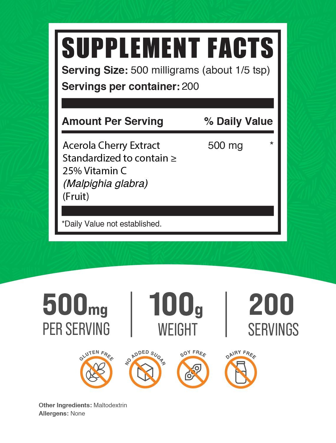 BULKSUPPLEMENTS.COM BulkSupplements.com Acerola Cherry Extract Powder - Natural Vitamin C Supplement, Acerola Cherry Powder - Vegan & Gluten Free, 500mg per Serving, 100g (3.5 oz) (Pack of 1)