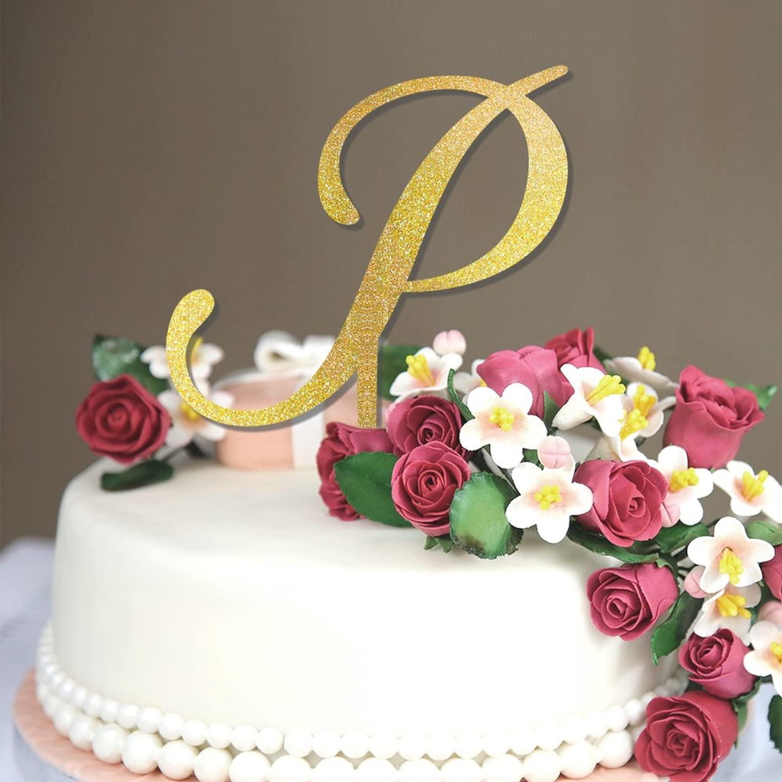 CustonCares Letter P Wedding Cake Topper Monogram Initial Name Glitter Gold For Wedding Engagement Cake Decorations Elegant Laurel Wreath Customize Your Own Cake Topper Bachelorette Gifts