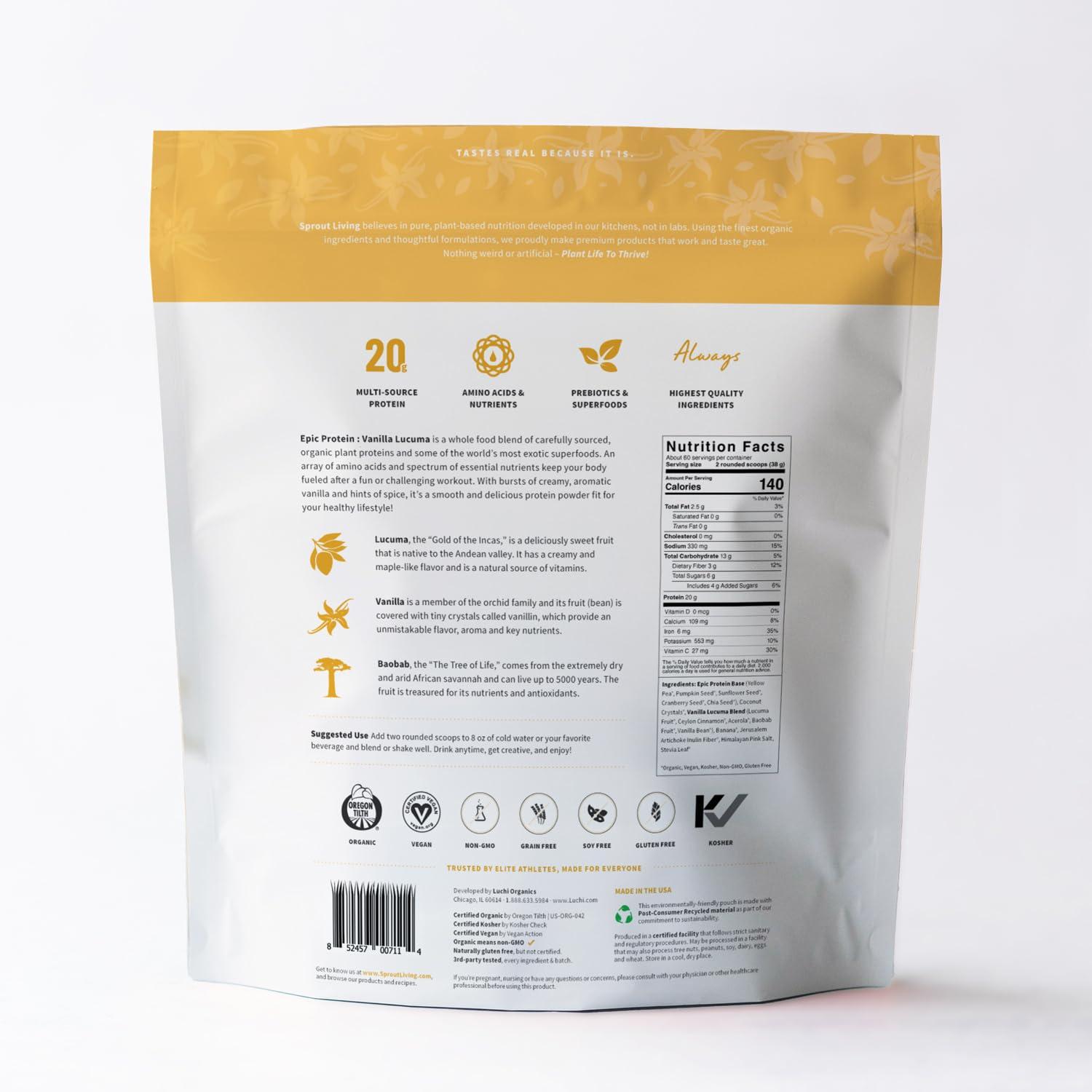 Sprout Living Sprout Living Epic Protein, Plant Based Protein & Superfoods Powder, Vanilla Lucuma Powder | 20 Grams Organic Protein Powder, Vegan, Non Dairy, Non-GMO, Gluten Free, Low Sugar (5 Pound, 60 Servings)