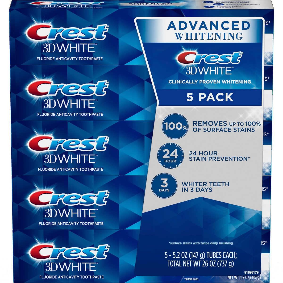 Crest Crest 3D White Advanced Whitening Toothpaste, 5.2 oz (Pack of 5)