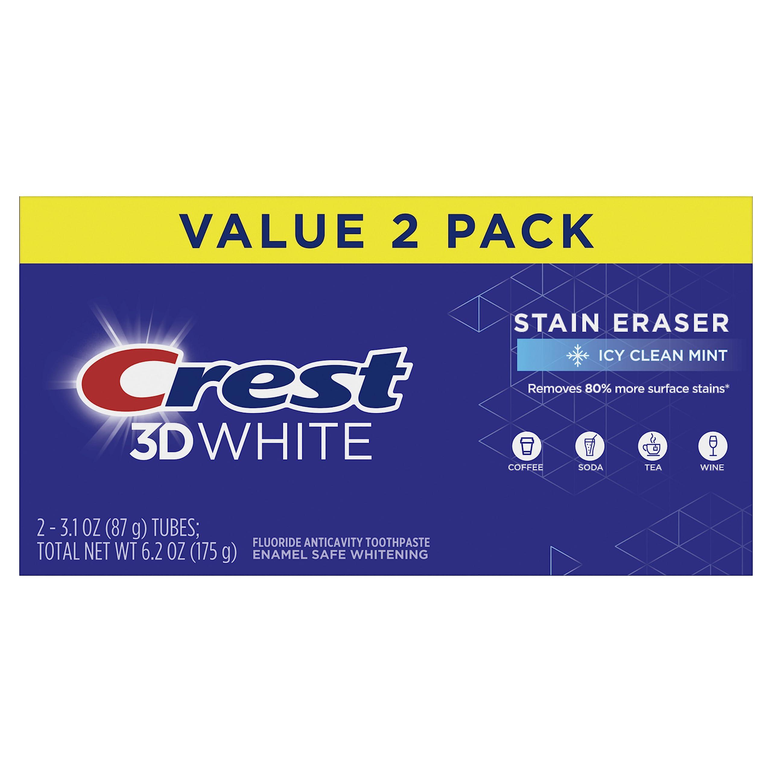 Crest Crest 3D White Stain Eraser Teeth Whitening Toothpaste, ICY Clean Mint, 3.1 oz, Pack of 2
