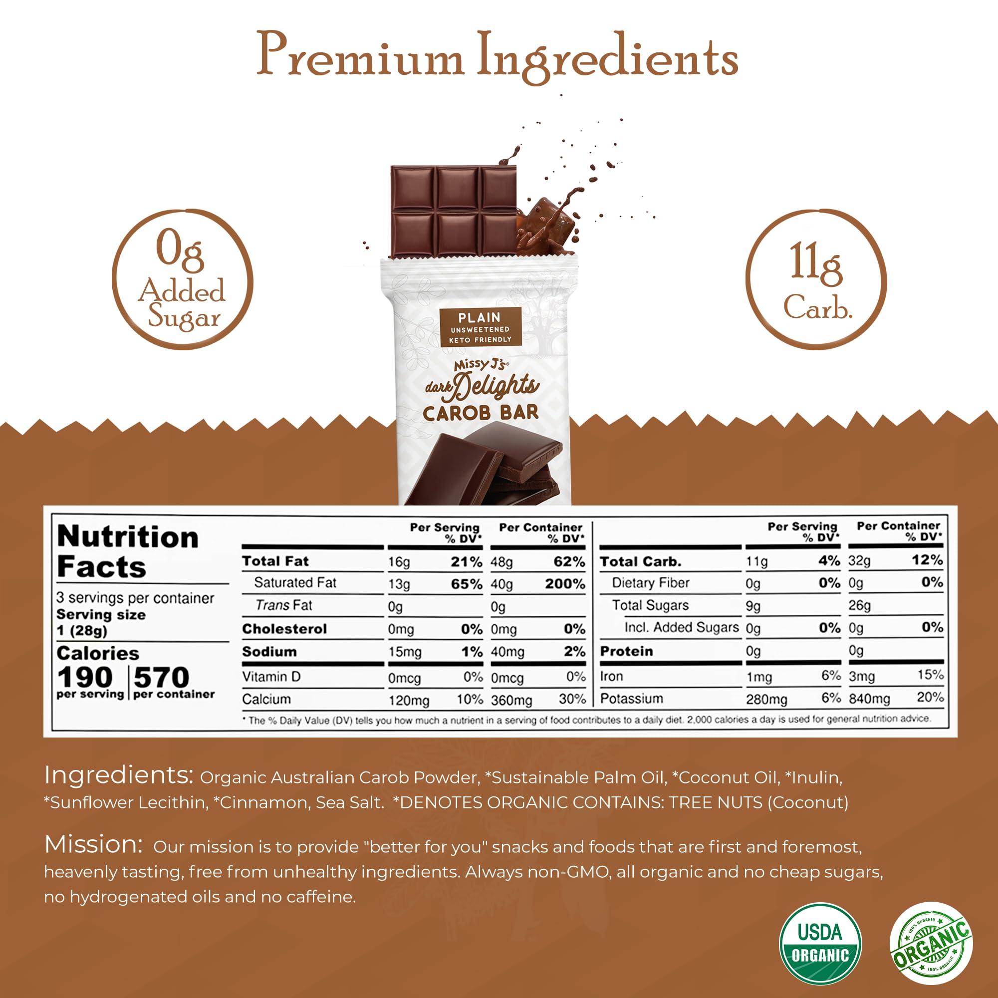 Missy J\'s Missy J\'s Organic Carob Dark Delights Unsweetened Plain Candy Bar 3 Oz 6 Pack, Vegan, Gluten and Caffeine Free, Healthy Substitute for Chocolate, Perfect for Snacks and Treats