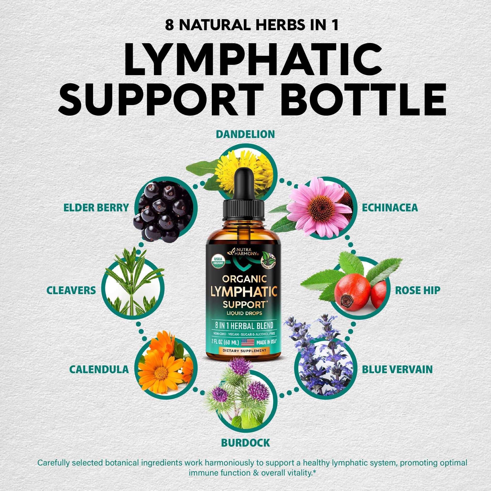 NUTRAHARMONY USDA Organic Lymphatic Drainage Supplement - Echinacea | Elderberry | Dandelion | Rosehip | Cleavers | Calendula | Burdock - Made in USA - Lymph System Drops - Immune Support, Cleanse & Detox, 2 fl oz