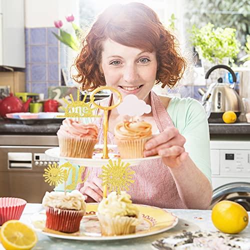 ZHUOWEISM 24 PCS Sunshine One Cupcake Toppers Gold Glitter Sun Simle Face Cloud You are My Sunshine First Birthday Cupcake Picks Baby Shower 1st Birthday Party Cake Decorations Supplies