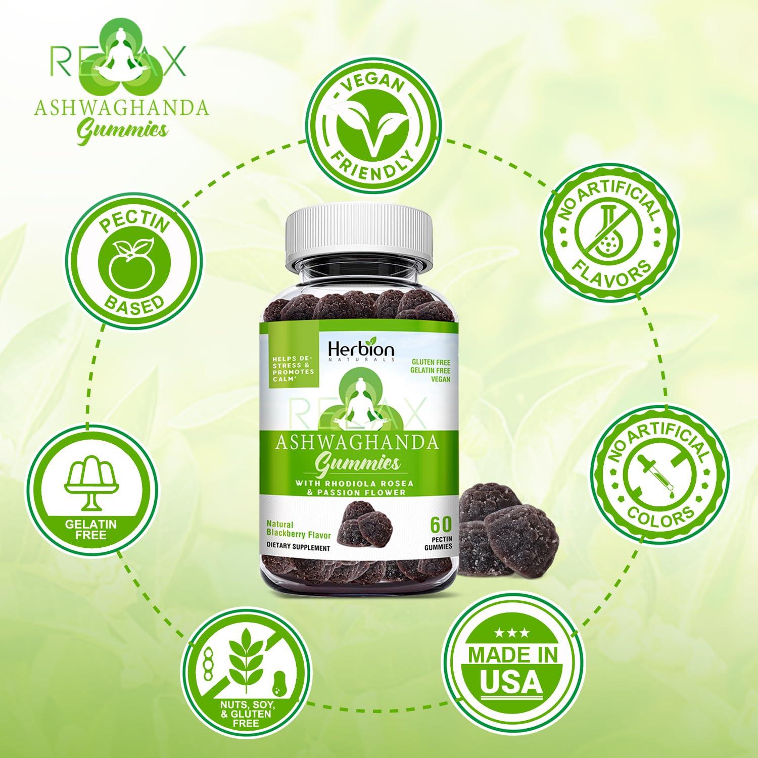 Herbion Naturals Herbion Naturals Ashwagandha Gummies with Herbal Blend, Helps De-Stress & Promote Calm*, Natural BlackBerry Flavor, Gluten-Free, 60 Pectin Gummies, Vegan, Made in USA, Pack of 4