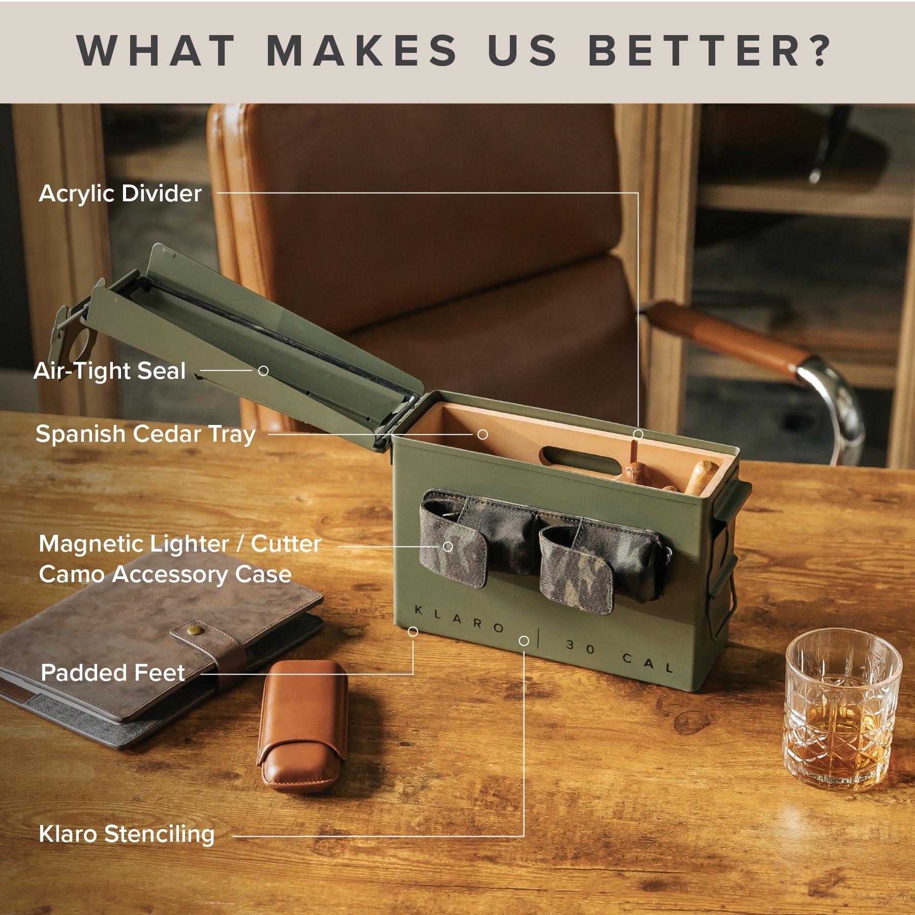 CASE ELEGANCE CASE ELEGANCE - The Smoke Can 30CAL Humidor, Thick Metal Ammo Box, Spanish Cedar Shelves, Army Green Finish, Magnetic Accessory Case - Holds 15-30 Cigars