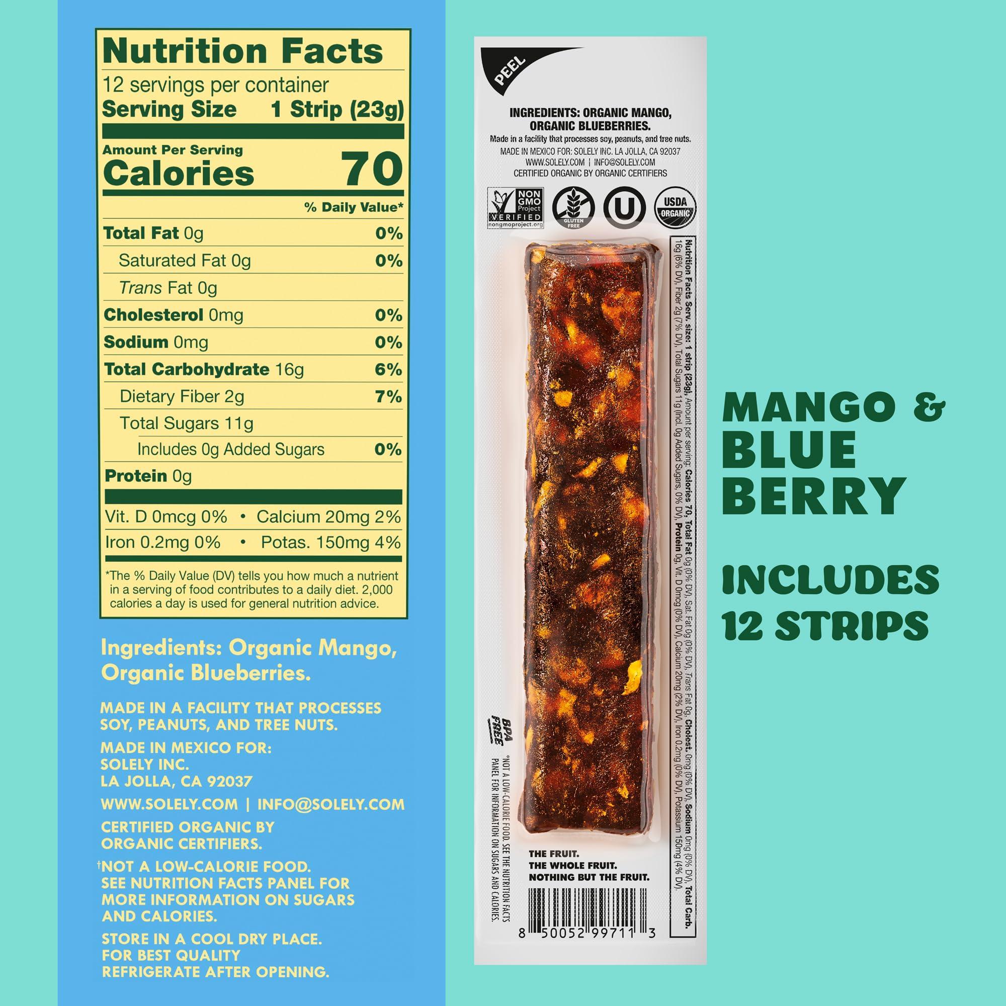 SOLELY SOLELY - Organic Mango Blueberry Fruit Jerky - 12 Individually Wrapped Fruit Strips - Fruit Leather Made from Dried Fruit - Healthy Snacks for Adults & Kids - Non GMO, Vegan Sacks - 0.8oz (23g)