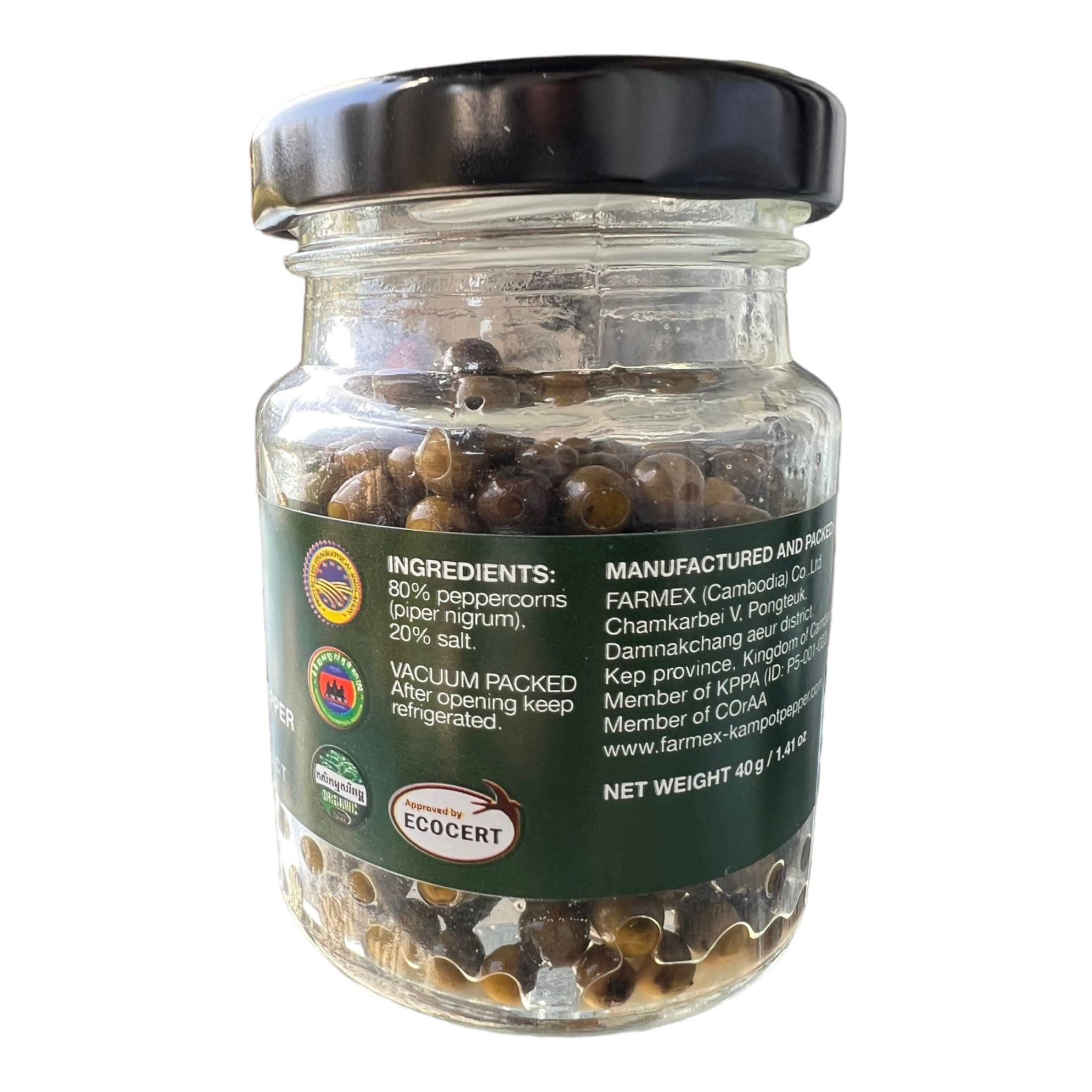 Kruntei Kruntei Kampot pepper (piper nigrum) from our own farm in Cambodia in a vacuum bag/box (Green solted)