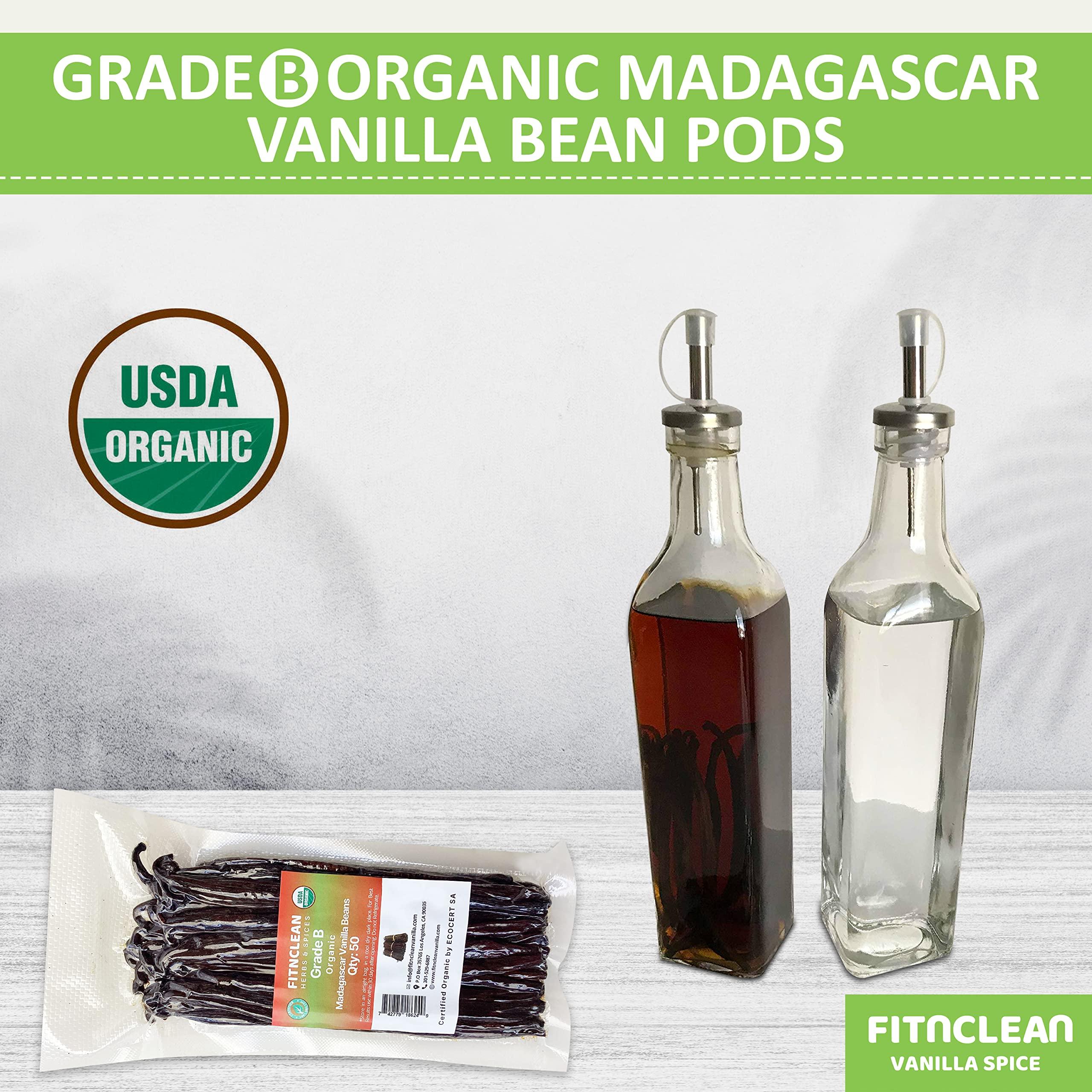 FITNCLEAN HERBS AND SPICES 50 Madagascar Organic Vanilla Beans Grade B. Certified USDA Organic. 5"-7" by FITNCLEAN VANILLA for extract, Cooking and Baking. Whole NON-GMO Bourbon Pods