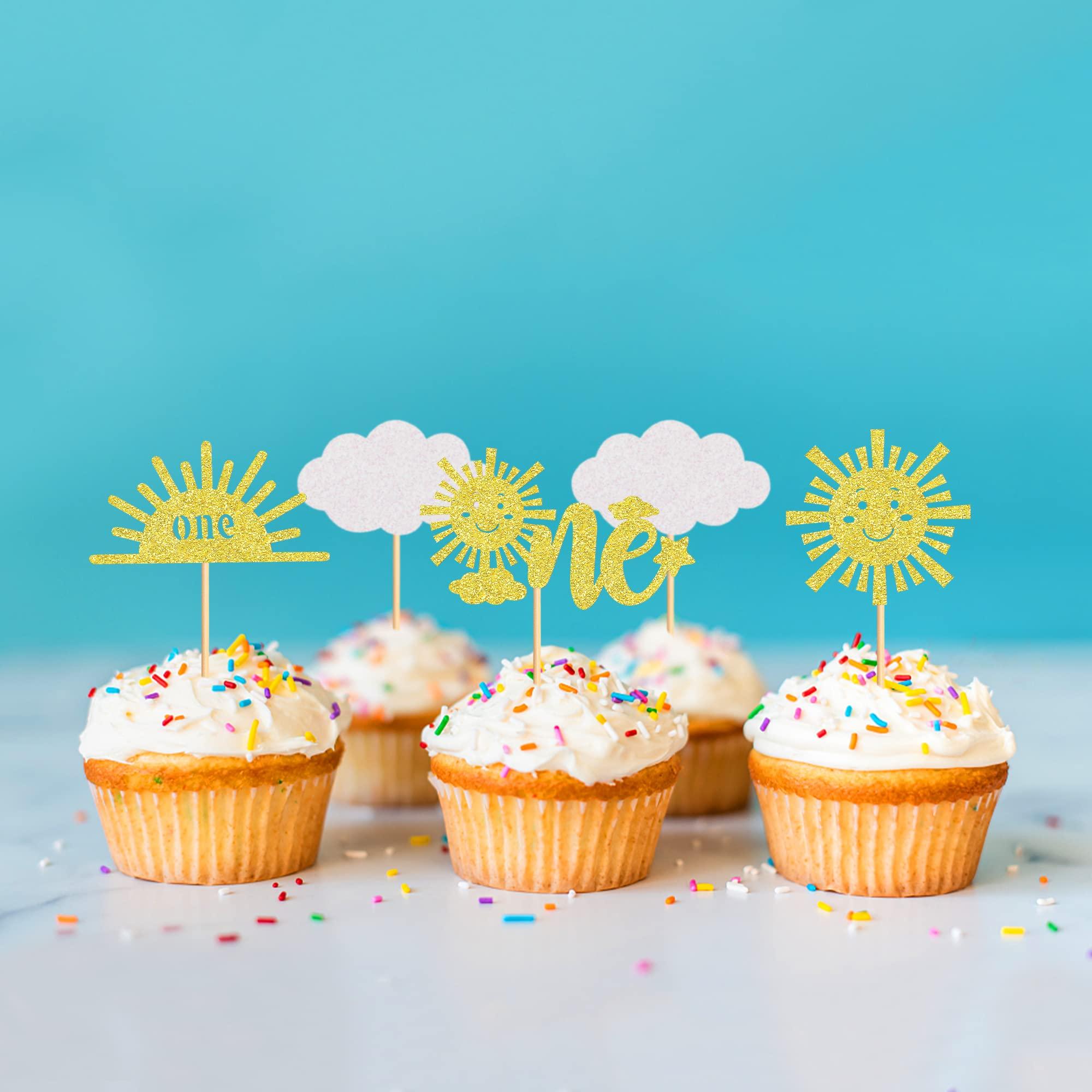 Cyodoos Cyodoos 24Pcs Sunshine One Cupcake Toppers Sun Simle Face Cloud You are My Sunshine First Birthday Cupcake Picks Baby Shower 1st Birthday Party Cake Decorations Supplies - Gold Glitter