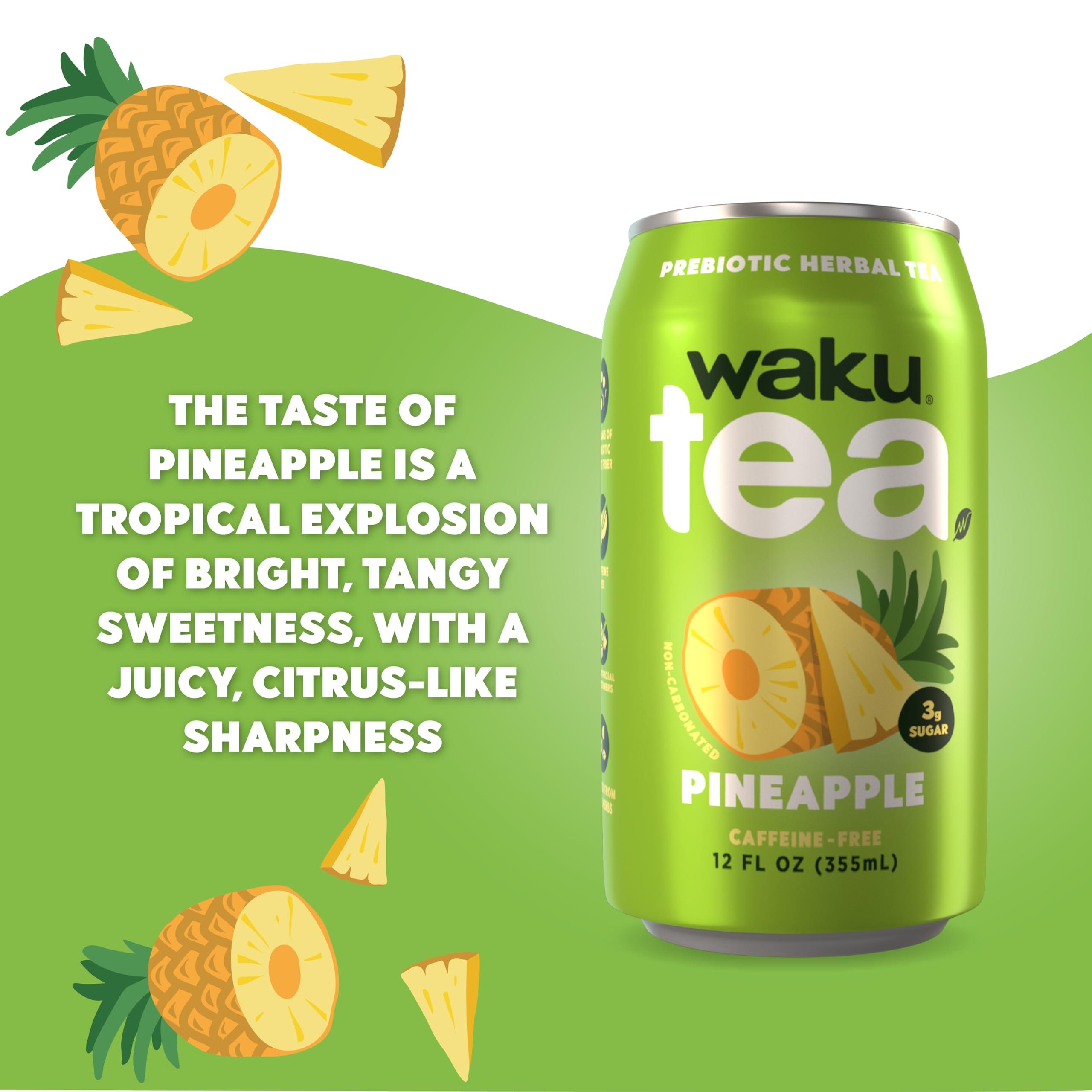 W WAKU HEALTHY TRADITION WAKU TEA, Prebiotic Herbal Tea, Pineapple, Supports Digestive & Gut Health, Keto Friendly, Zero Added Sugar, 5g Fiber, Caffeine Free, Natural Sweetner, 12 pack, 12oz Cans