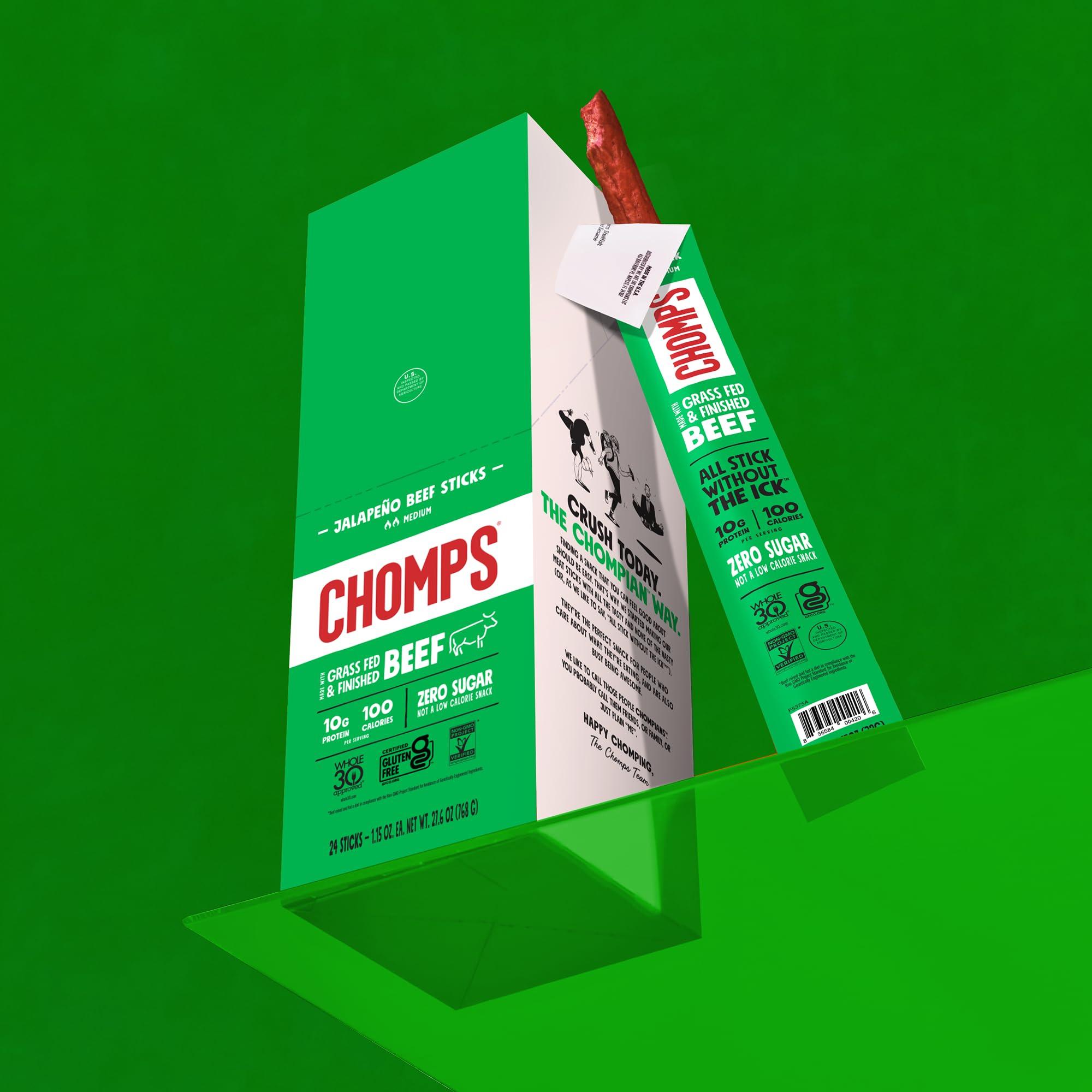 Chomps Chomps Grass-Fed and Finished Jalapeo Beef Jerky Snack Sticks 24-Pack - Keto, Paleo, Whole30, 10g Lean Meat Protein, Gluten-Free, Zero Sugar Food, Non-GMO
