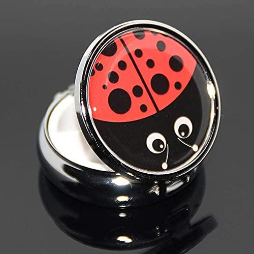 SEIWEI 2PCS Round Mini Portabler Stainless Steel Pill Box Case Pocket 2 inches Medicine Tablet Holder Organizer Case for Purse -Compact 3 Compartment(Ladybug)