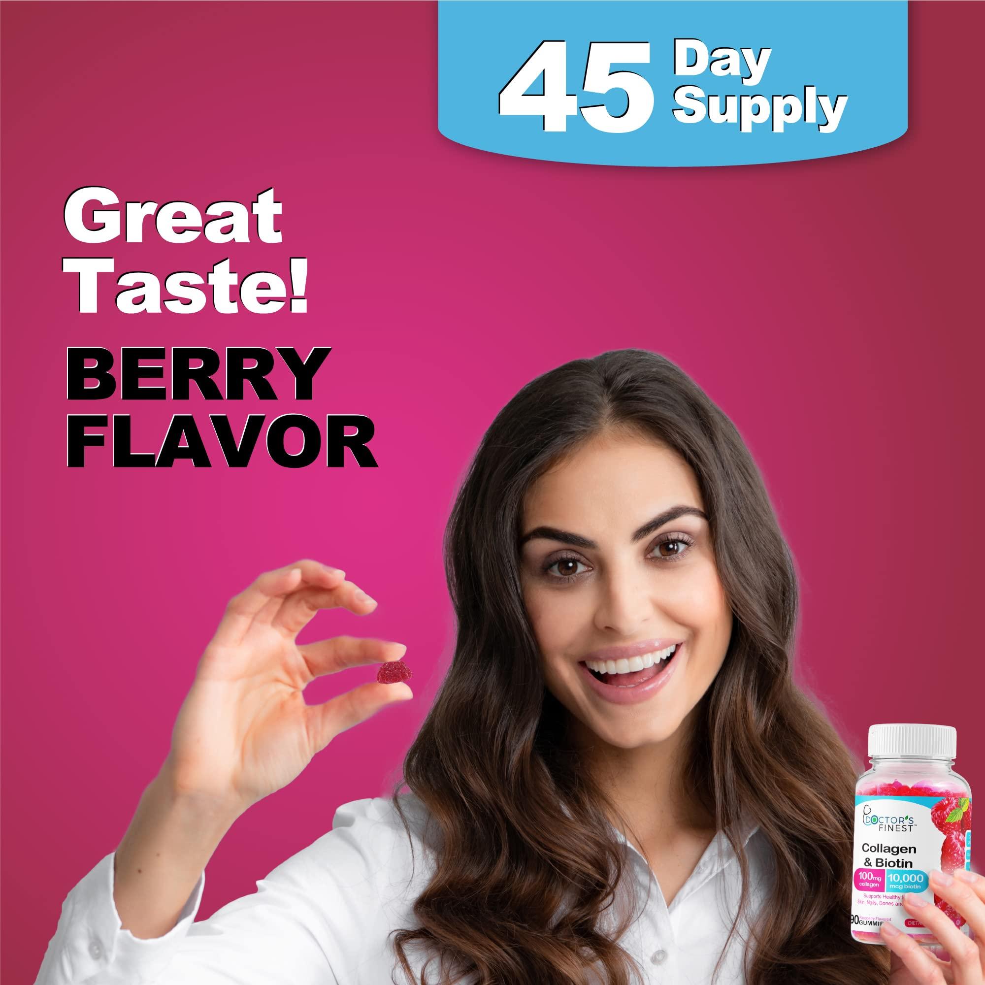 DOCTORS FINEST DOCTORS FINEST Collagen and Biotin 10000mcg Gummies, Vegan, GMO-Free, Gluten Free, Natural Raspberry Flavor Gummy Vitamins, for Hair Growth, Hair Skin and Nails Dietary Supplement, 90 Gummies