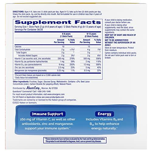 Emergen-C Emergen-C Kidz Crystals, Stocking Stuffer, On-the-Go Emergen-C Immune Support Supplement with Vitamin C, B Vitamins, Zinc and Manganese, Sparkly Strawberry - 56 Stick Packs