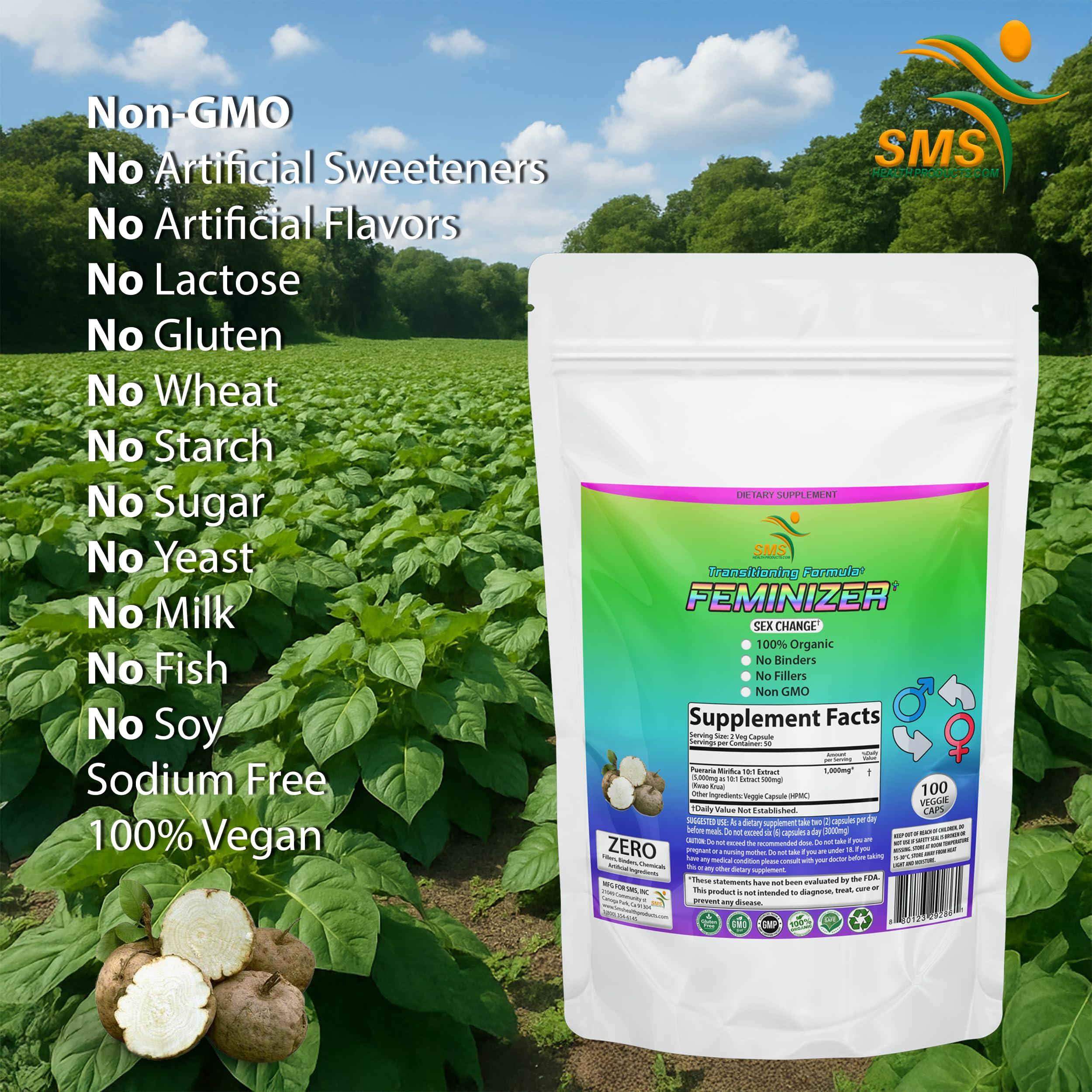 SMSHEALTHPRODUCTS.com Feminizer Sex Change Pills by SMS, 100 Veggie Caps Pueraria Mirifica For Estrogen 1,000mg Pure 10:1 Root Extract Powder - Kwao Krua Kao - Premium Grade, Organic for Women, Transgender, Ladyboy, LGBT