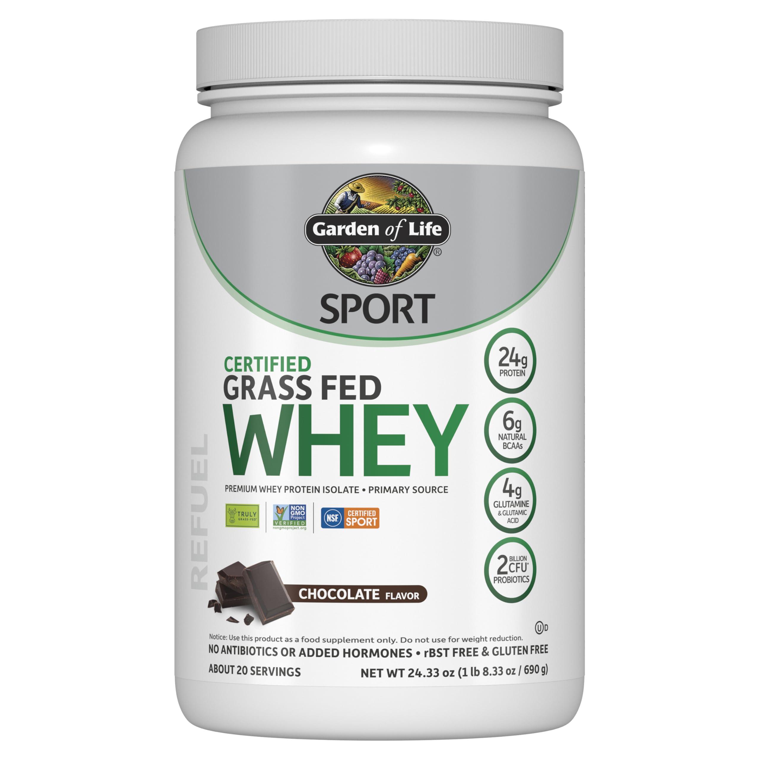 Garden of Life Garden of Life Sport Whey Protein Powder Chocolate, Premium Grass Fed Whey Protein Isolate Plus Probiotics for Immune System Health, 24g Protein, Non GMO, Gluten Free, Cold Processed - 20 Servings