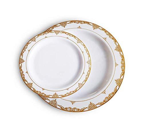 IUMÉ Plastic Plates, 100 Piece Gold Heavy Duty Plastic Dinner Plates, 10.25inch Disposable Plastic Dinnerware Plates and 7.5inch Dinner Dessert Plates Tableware Sets Disposable Plates for Wedding,Party