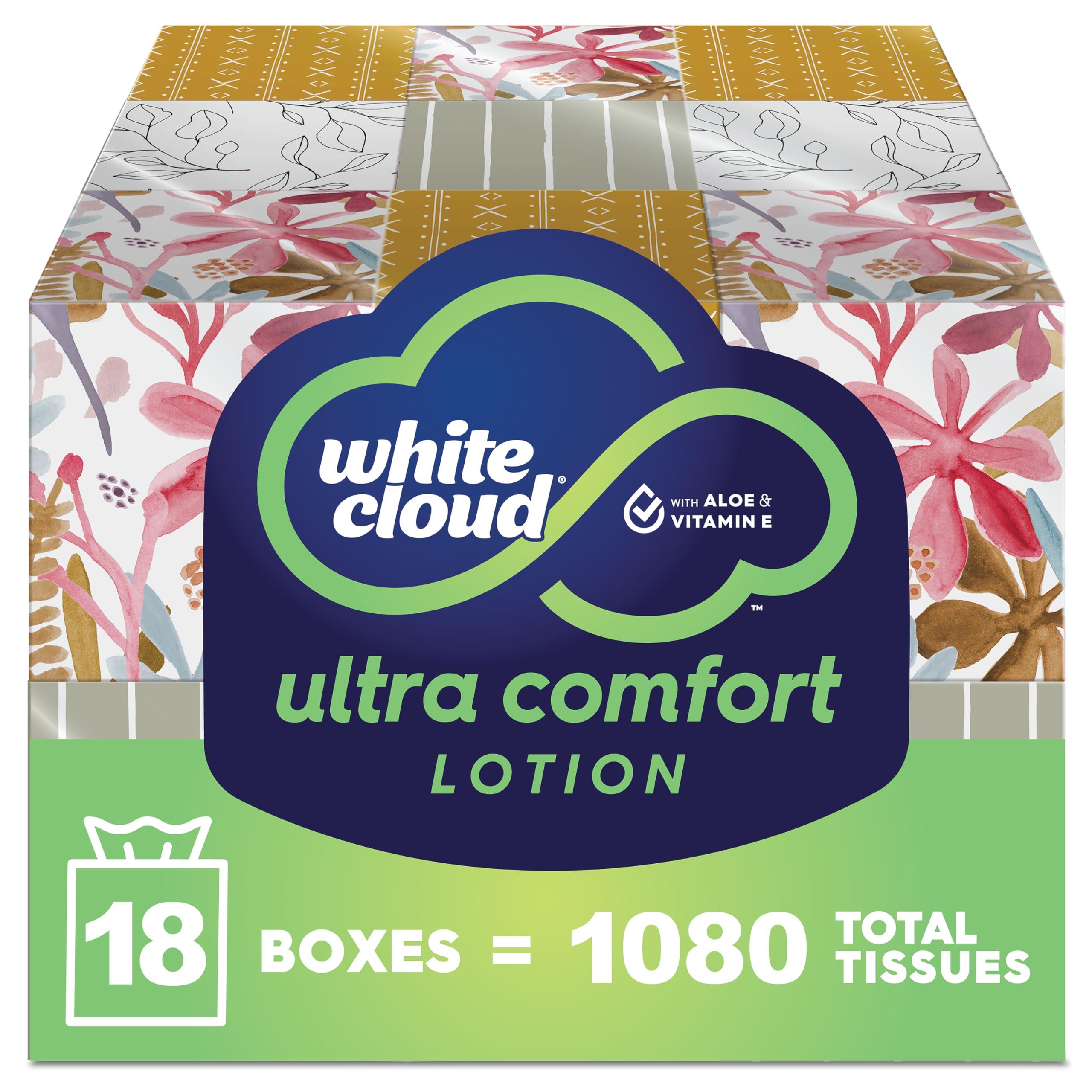 White Cloud White Cloud Ultra Comfort Lotion 3-Ply Facial Tissue with Aloe & Vitamin E, 18 Box Multipack, 60 Tissues Per Box