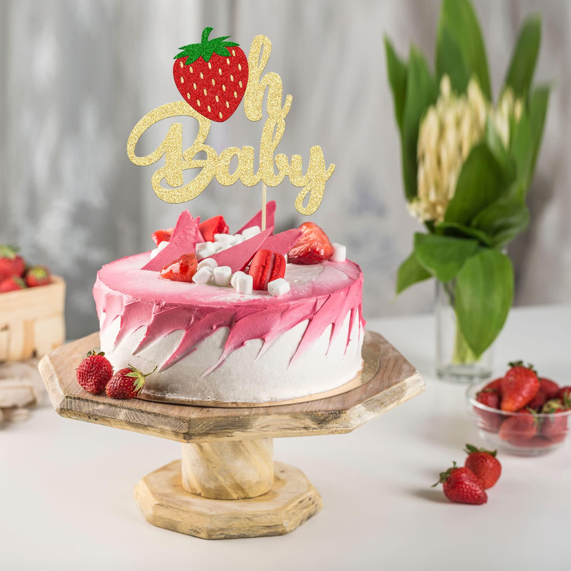 Ephlyn 1Pc Strawberry Oh Baby Cake Topper Glitter Fruit Theme Babyshower Strawberry Cake Decoration for Gender Reveal Baby Shower Kids Boys Girls Birthday Party Cake Decorations Supplies
