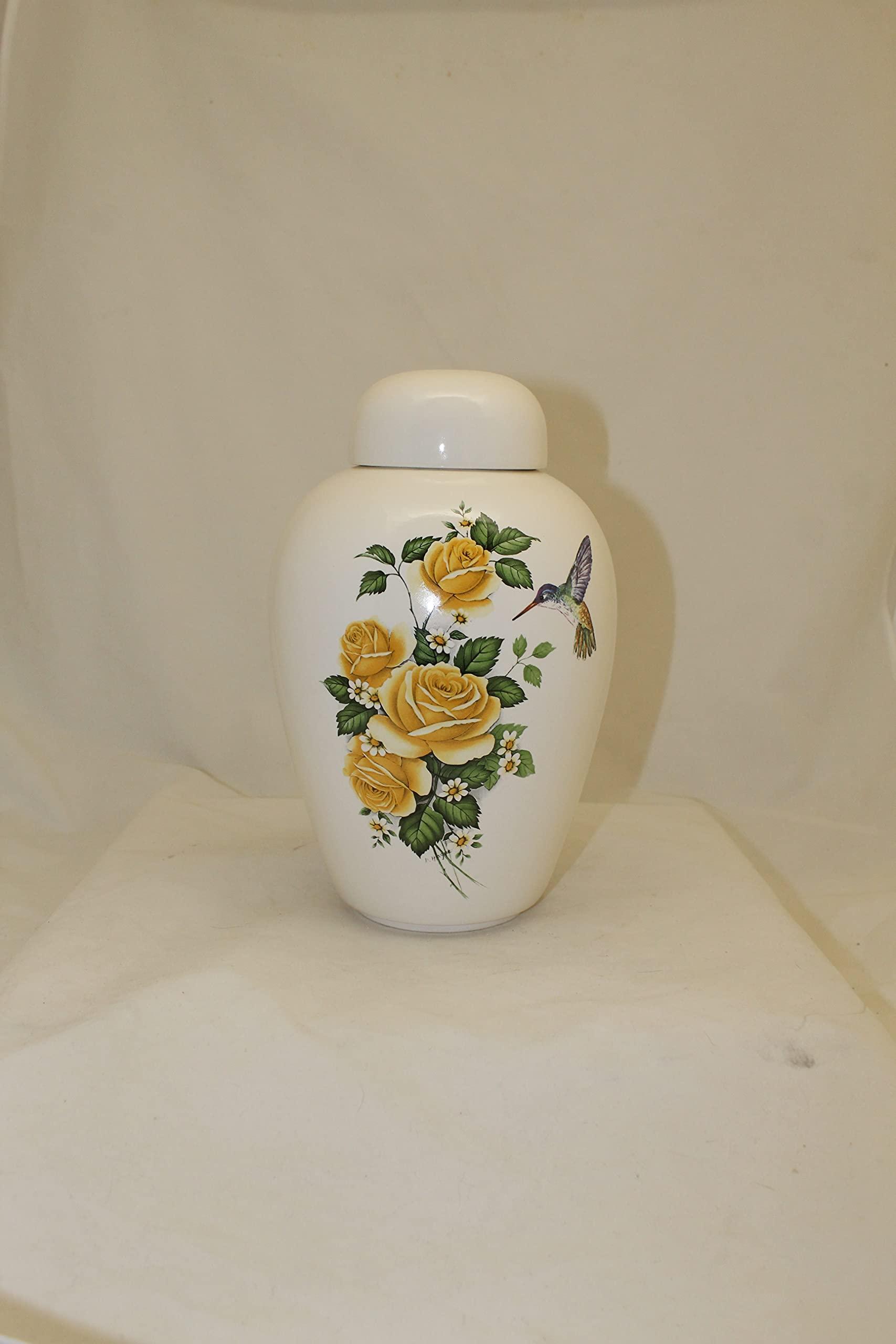 Skyline Arts Hummingbird with Yellow Roses - Floral Funeral Urn - Cremation Urn for Human Ashes - Hand Made Pottery