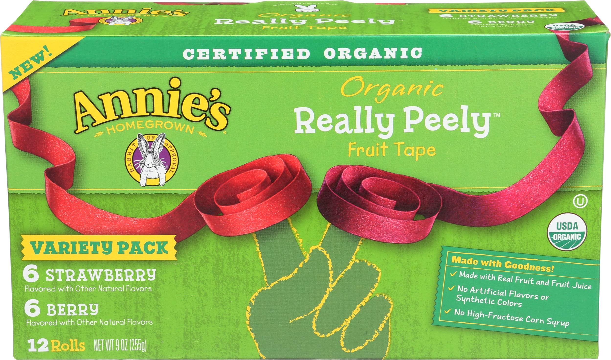 Annies Annie\'s Homegrown Organic Really Peely Fruit Tape Snack, Strawberry & Berry Flavor, Gluten Free & Non-GMO, Variety Pack, 12 Rolls, 9 Ounce (Pack of 6)