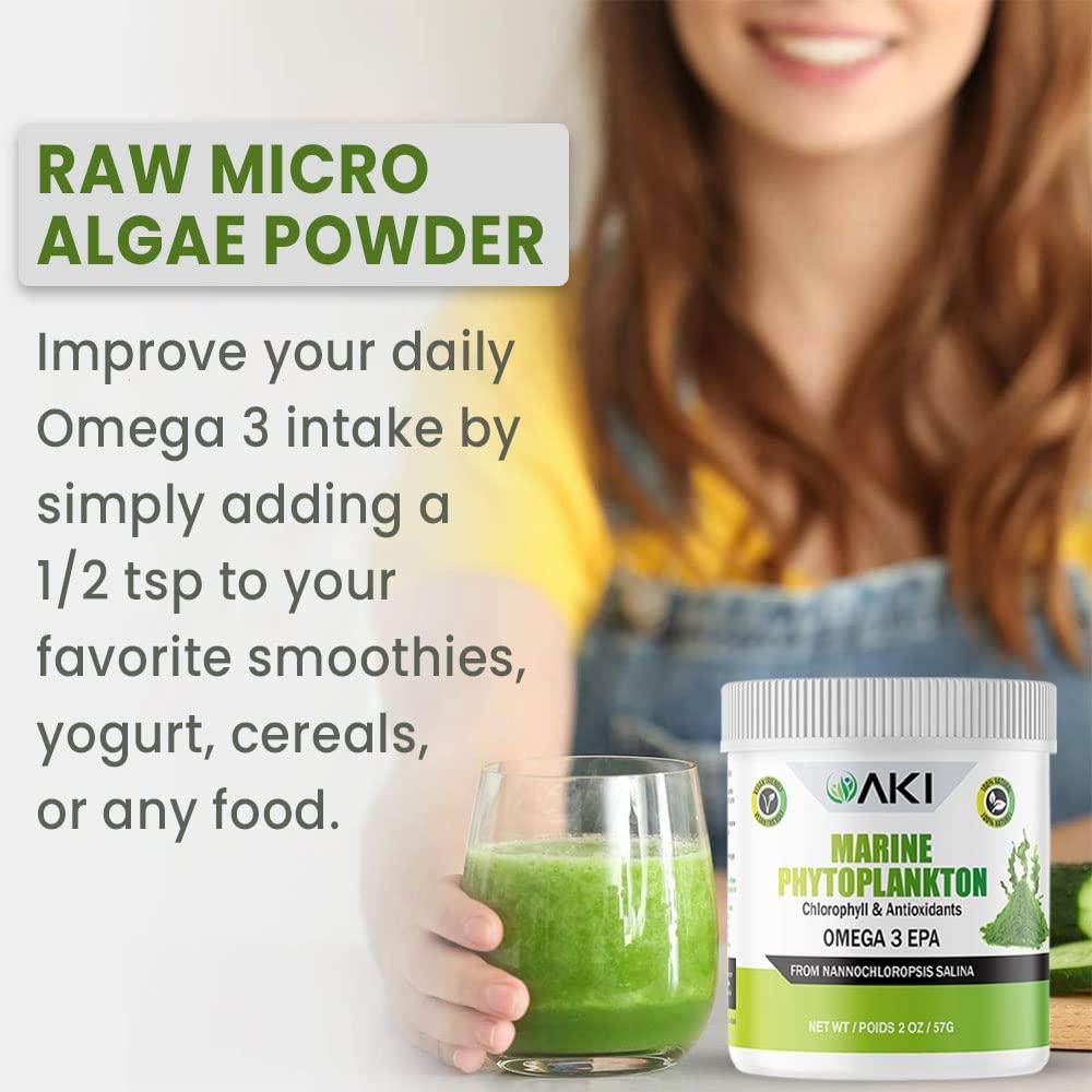 AKI ORGANIC AKI Marine Phytoplankton Powder | Source of Raw Omega-3 EPA Micro Algae Nannochloropsis - Plant Based Proteins, Vitamins for Overall Wellness | Complete Protein Source, Vegan & GMO Free (2 Oz / 57G)